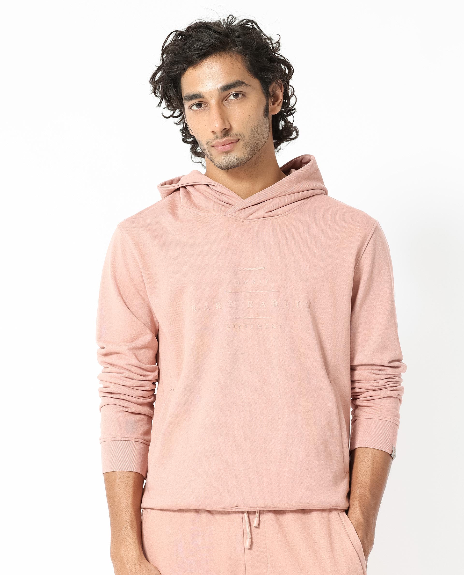 Rare Rabbit Mens Mile Peach Cotton Polyester Fabric Full Sleeves Graphic Printed Logo Hooded Sweatshirt