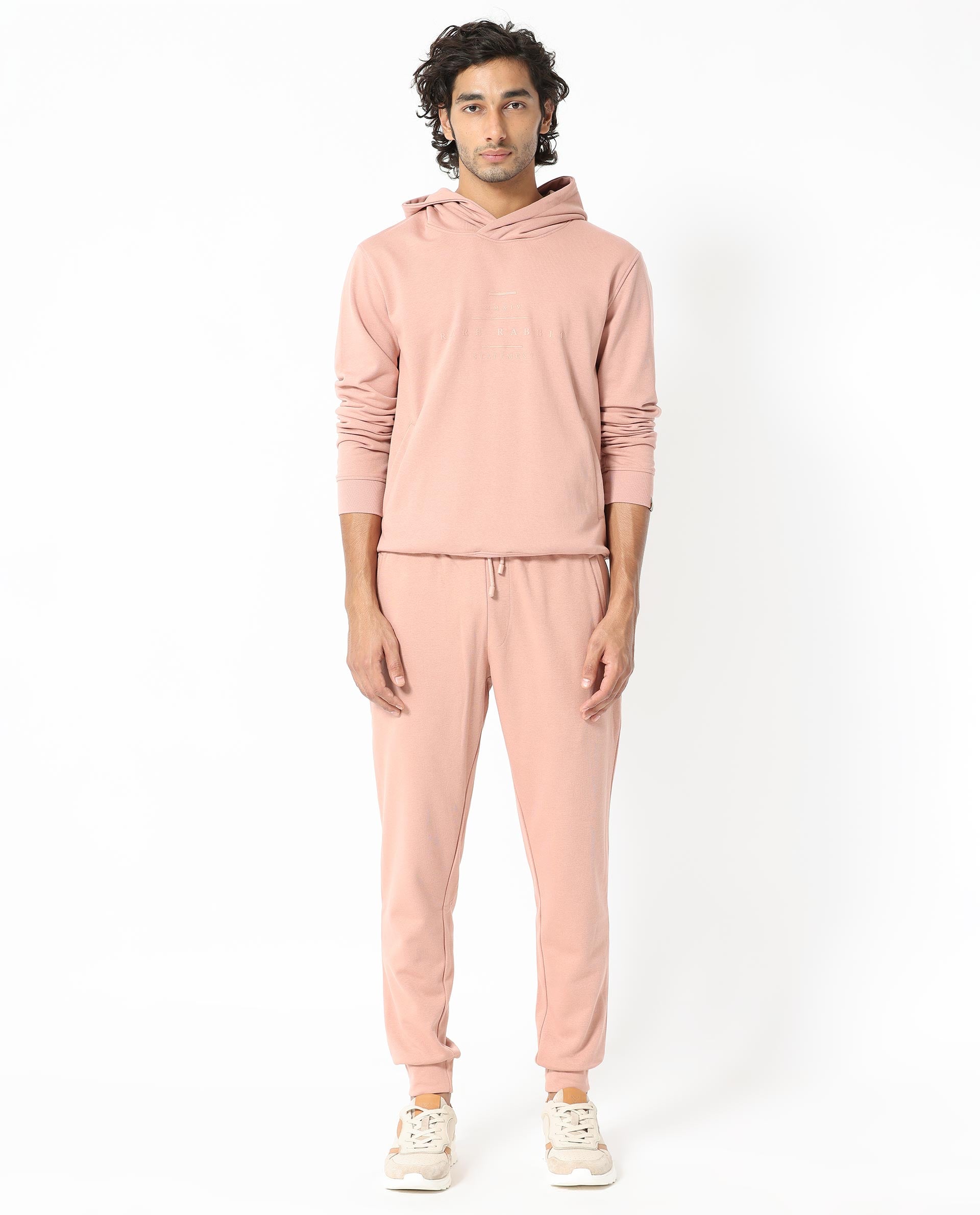 Rare Rabbit Mens Mile Peach Cotton Polyester Fabric Full Sleeves Graphic Printed Logo Hooded Sweatshirt