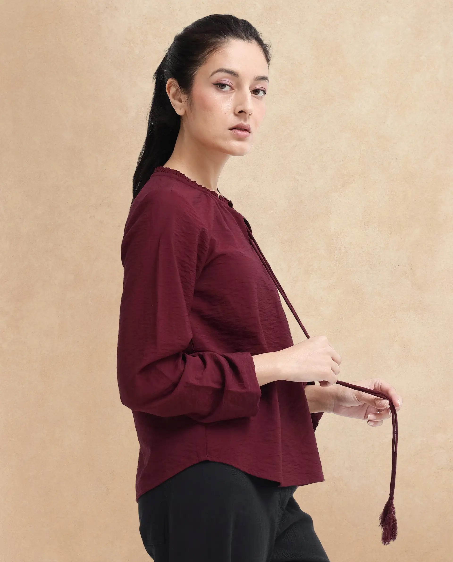 Rareism Women Mili Maroon Ruffled Sleeves Ruffled Neck Tie Up Closure Plain Top