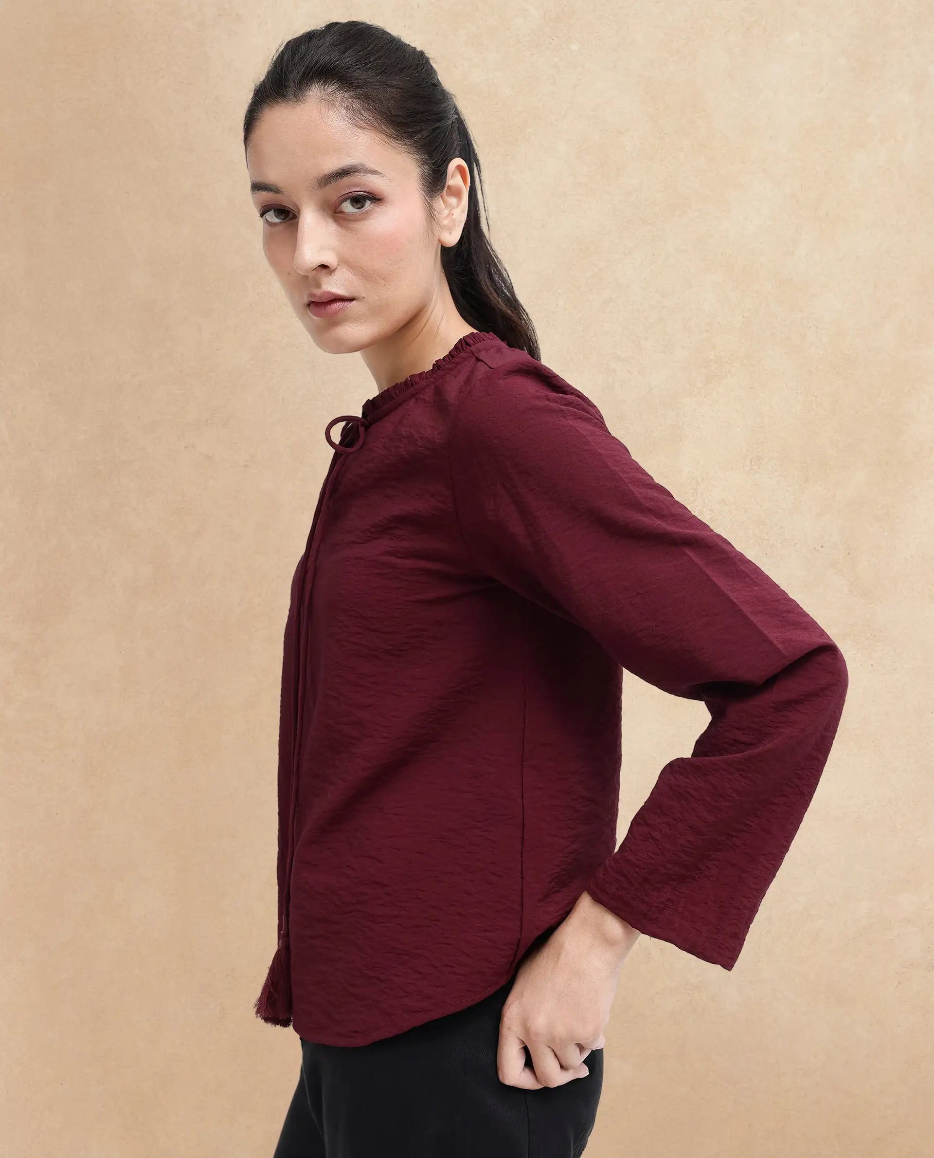 Rareism Women Mili Maroon Ruffled Sleeves Ruffled Neck Tie Up Closure Plain Top