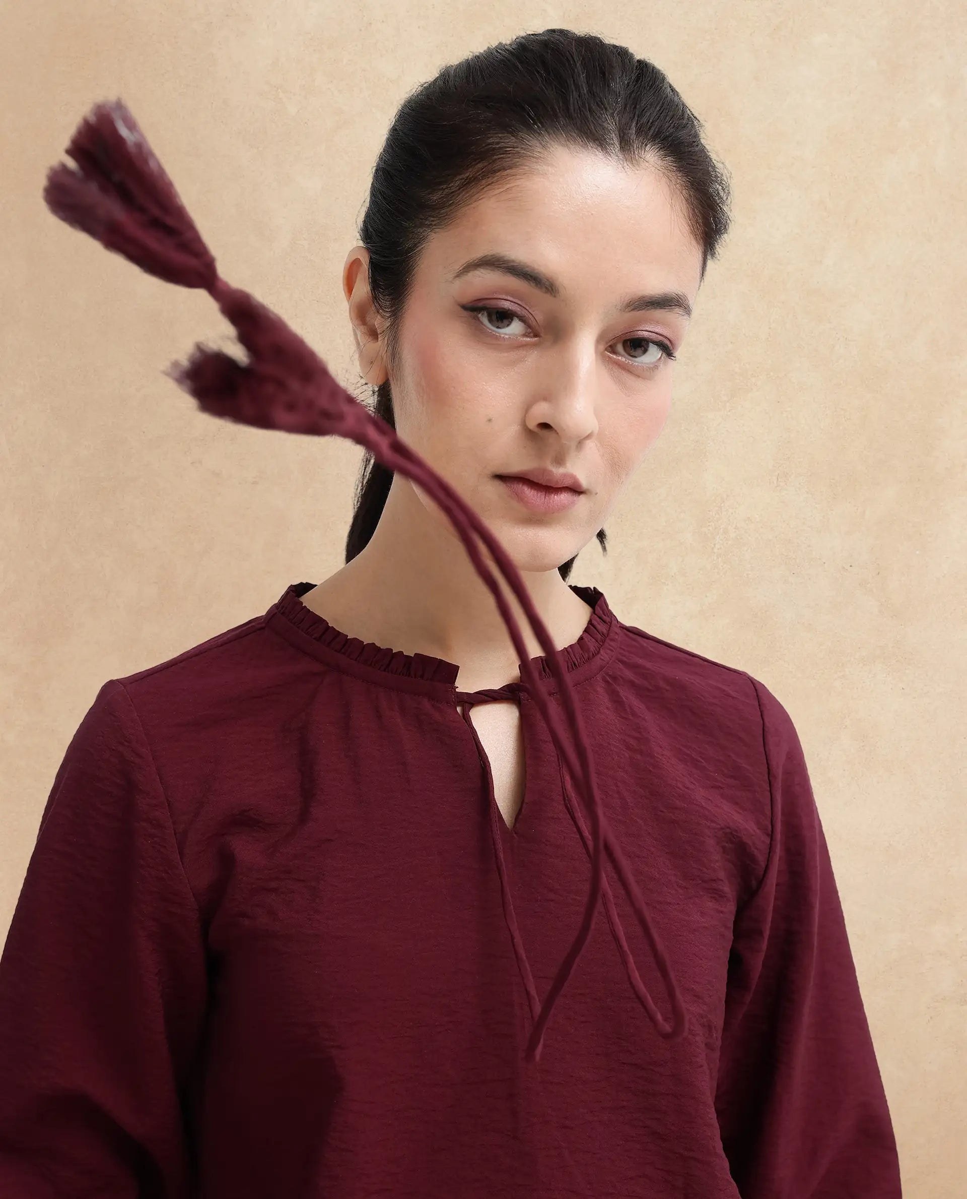 Rareism Women Mili Maroon Ruffled Sleeves Ruffled Neck Tie Up Closure Plain Top