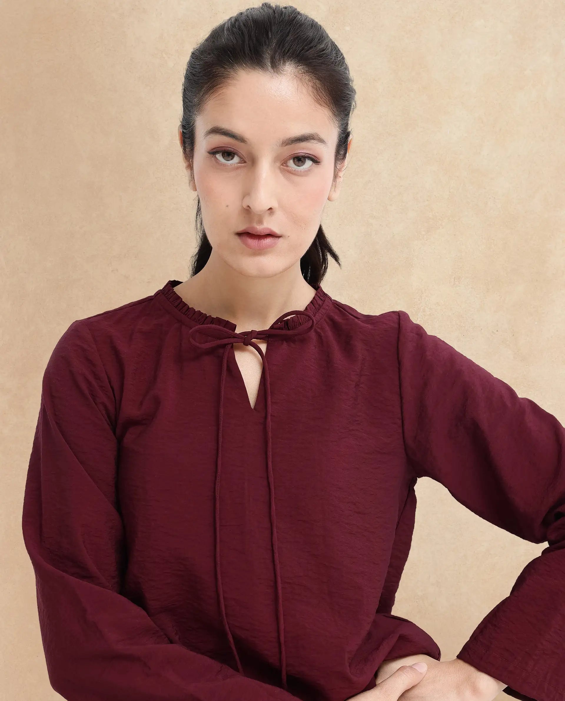 Rareism Women Mili Maroon Ruffled Sleeves Ruffled Neck Tie Up Closure Plain Top