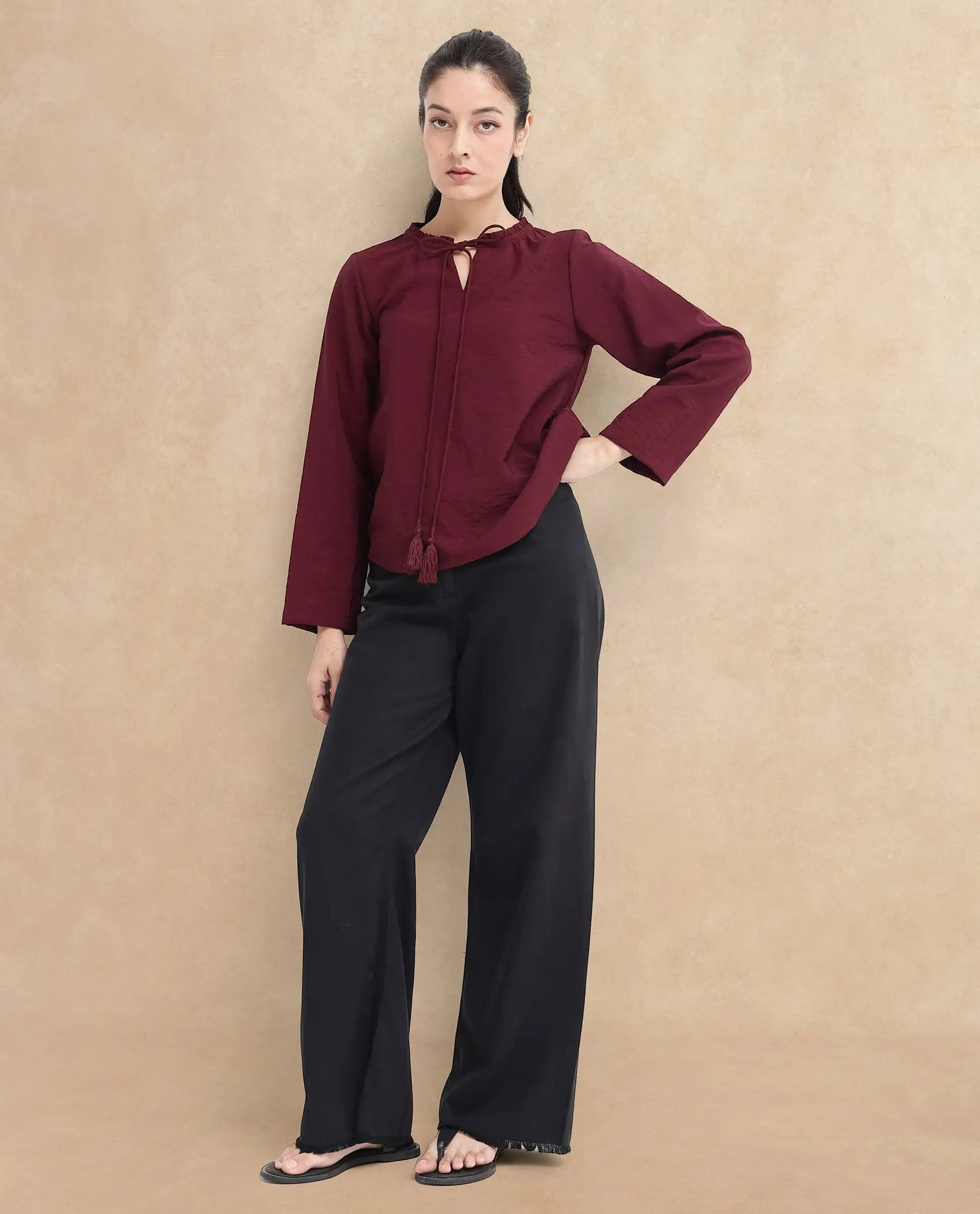 Rareism Women Mili Maroon Ruffled Sleeves Ruffled Neck Tie Up Closure Plain Top