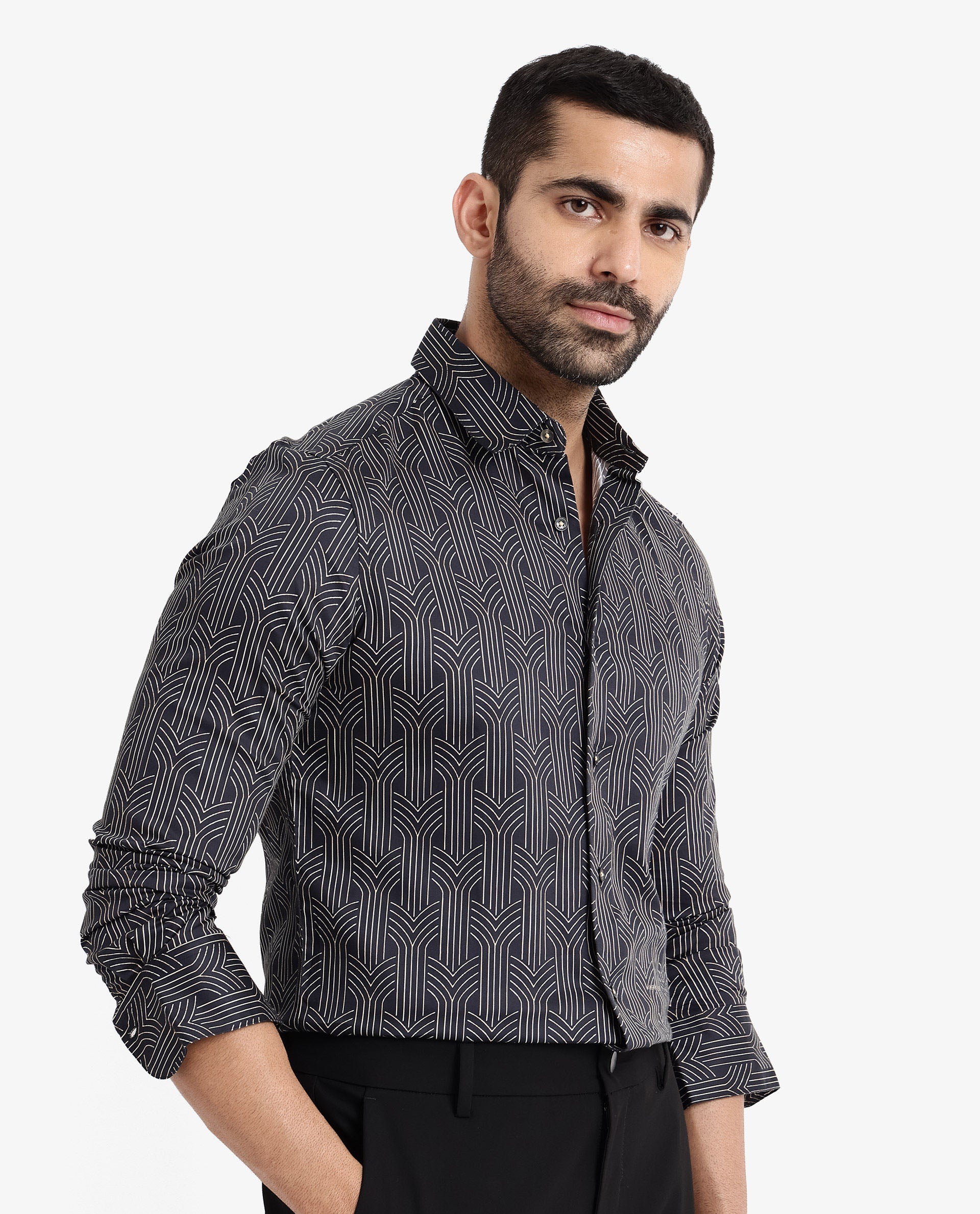 Rare Rabbit Men's Millens Black Cotton Fabric Geometric Print Full Sleeves Shirt