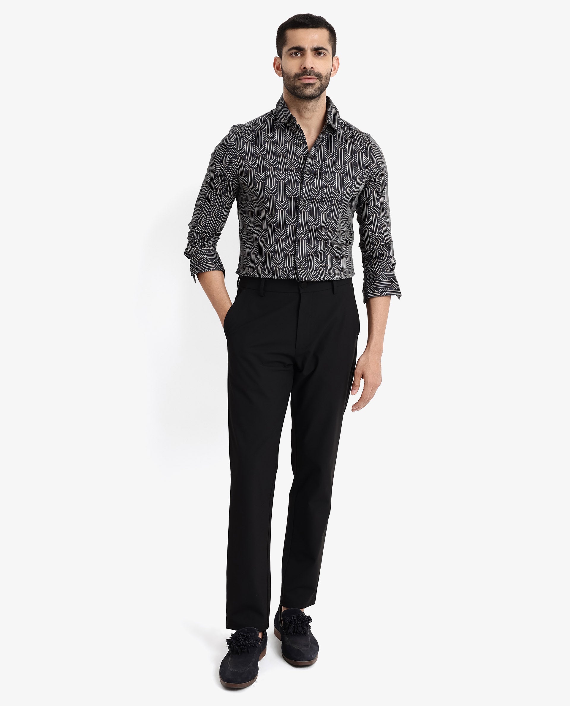 Rare Rabbit Men's Millens Black Cotton Fabric Geometric Print Full Sleeves Shirt