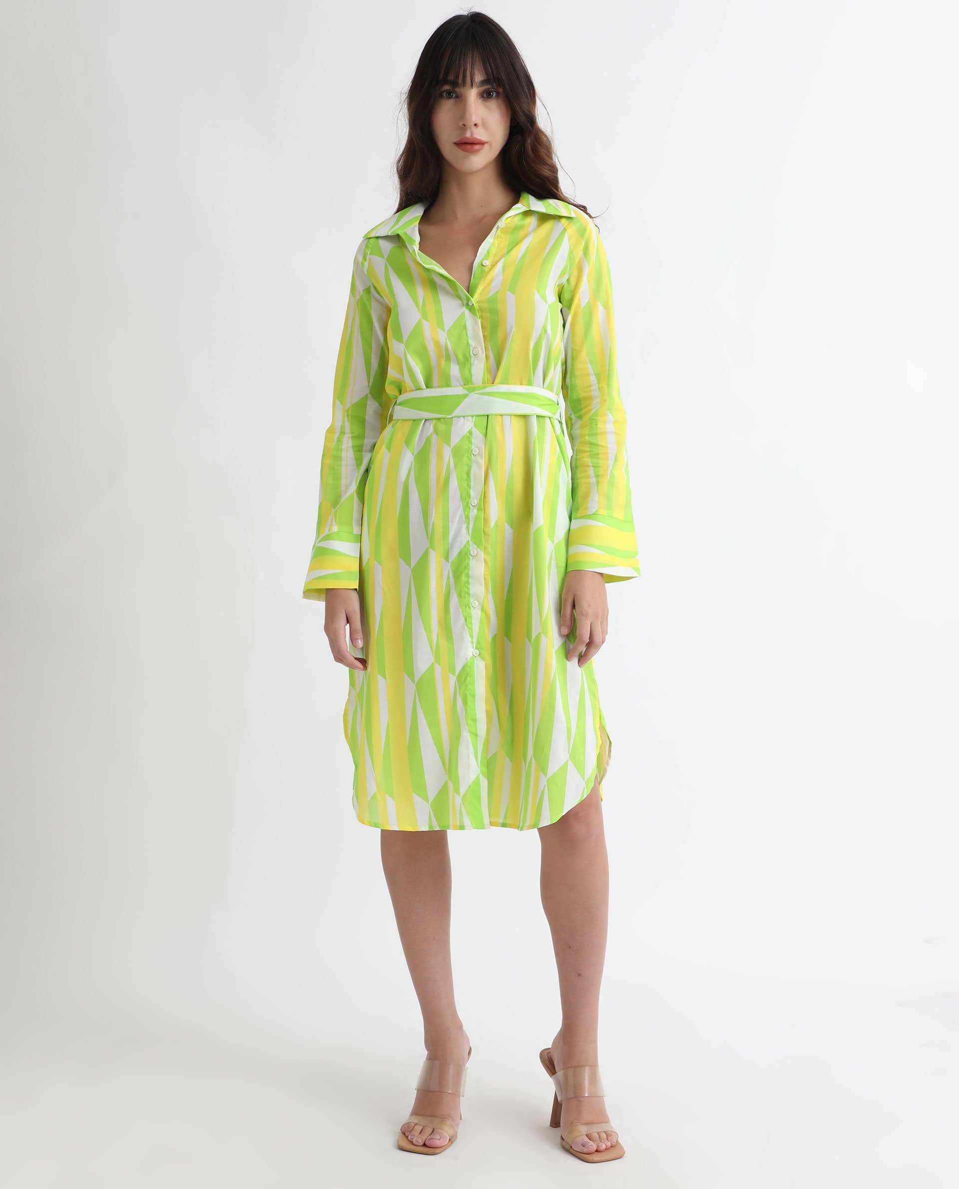 Rareism Women Miller Multi Cotton Fabric Full Sleeves Button Closure Shirt Collar Cuffed Sleeve Regular Fit Abstract Print Midi Boxy Dress