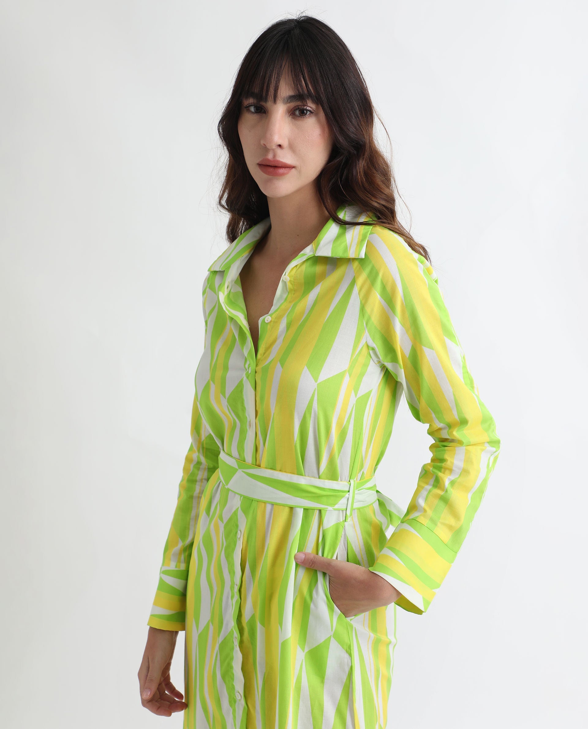 Rareism Women Miller Multi Cotton Fabric Full Sleeves Button Closure Shirt Collar Cuffed Sleeve Regular Fit Abstract Print Midi Boxy Dress