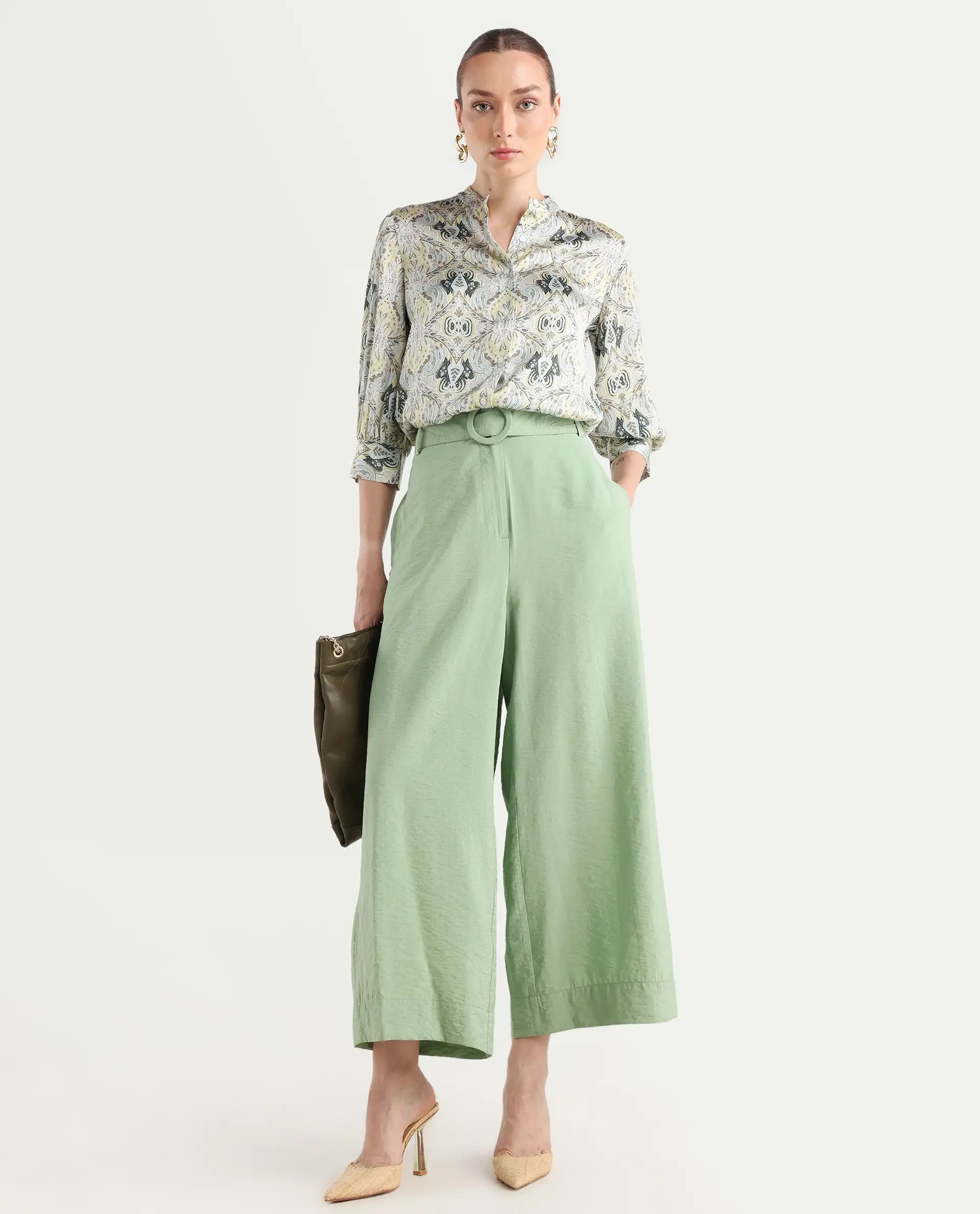 Rareism Women's Millinia Pastel Green Viscose Blend Plain Ankle Length Straight Fit Trouser