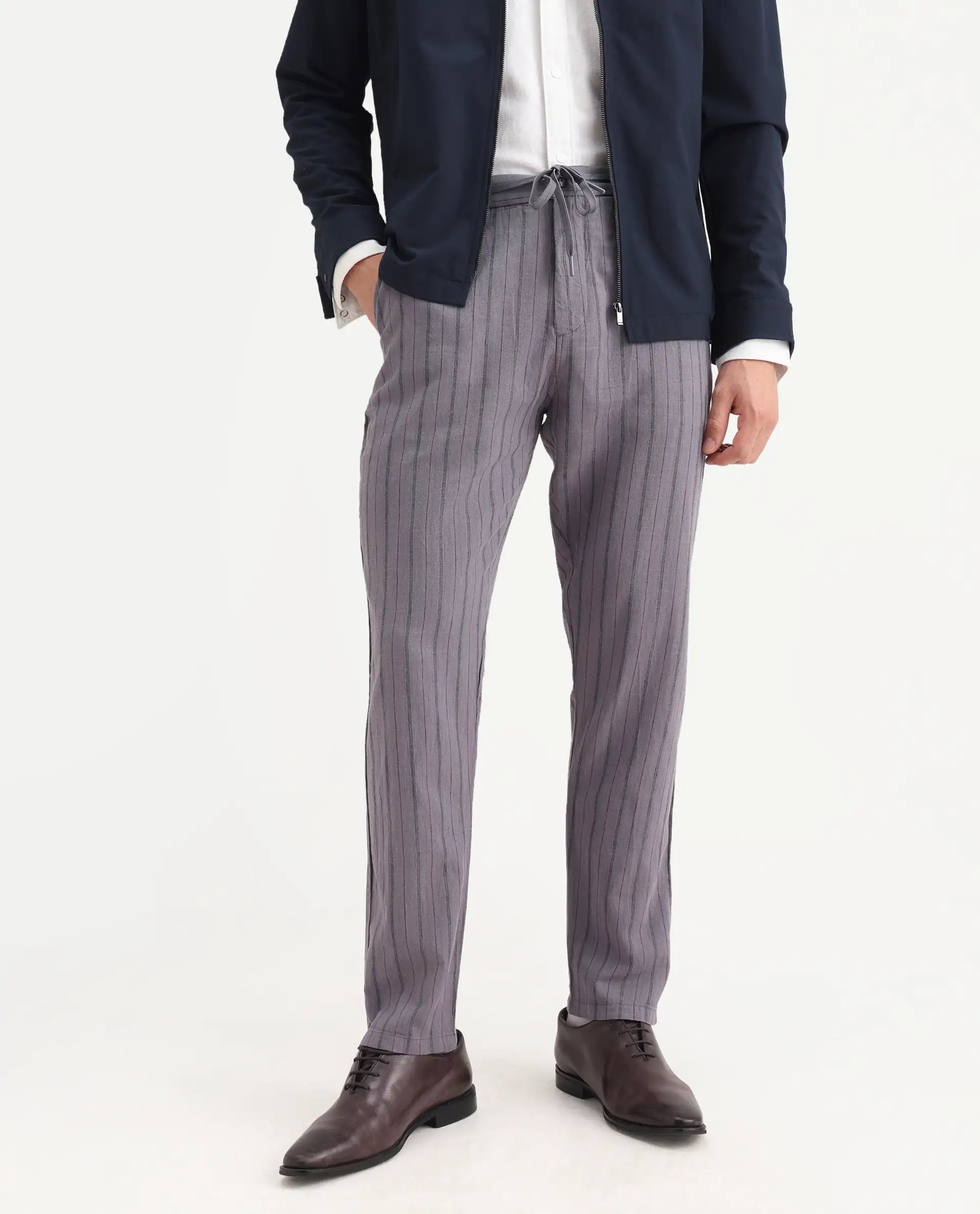 Rare Rabbit Men's Milos Dusky Purple Cotton Striped Print Regular Fit Trouser