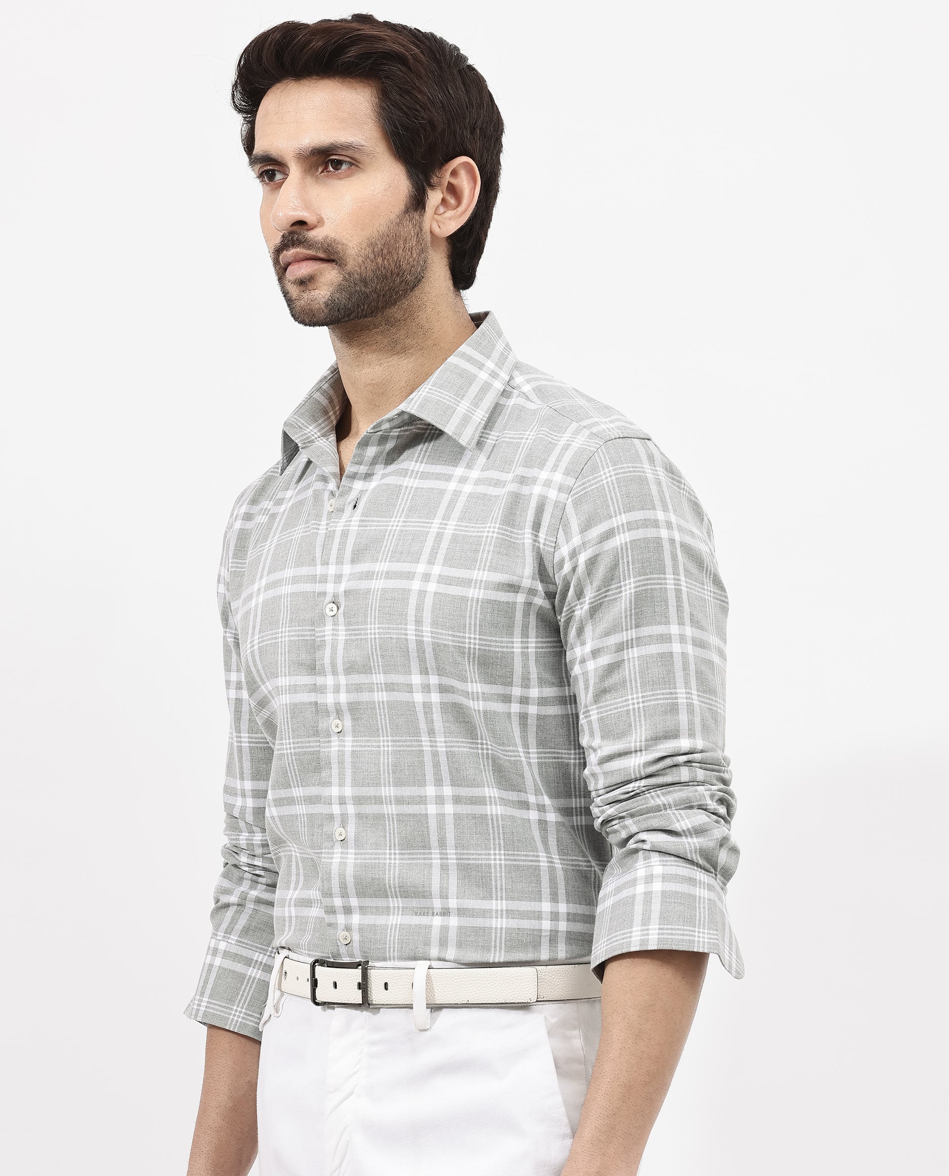 Rare Rabbit Mens Milton Grey Cotton Fabric Full Sleeve Regular Fit Checks Shirt