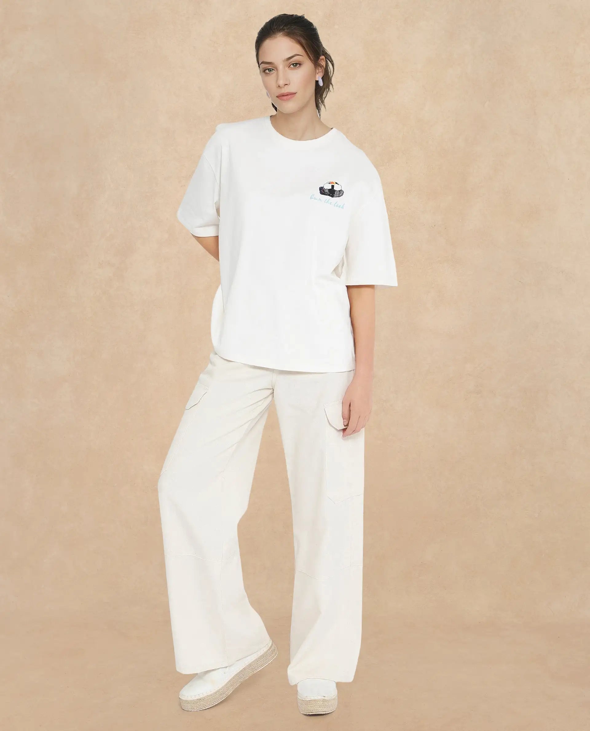 Rareism Women Mindy Off White Cotton Fabric Short Sleeve Crew Neck Solid T-Shirt