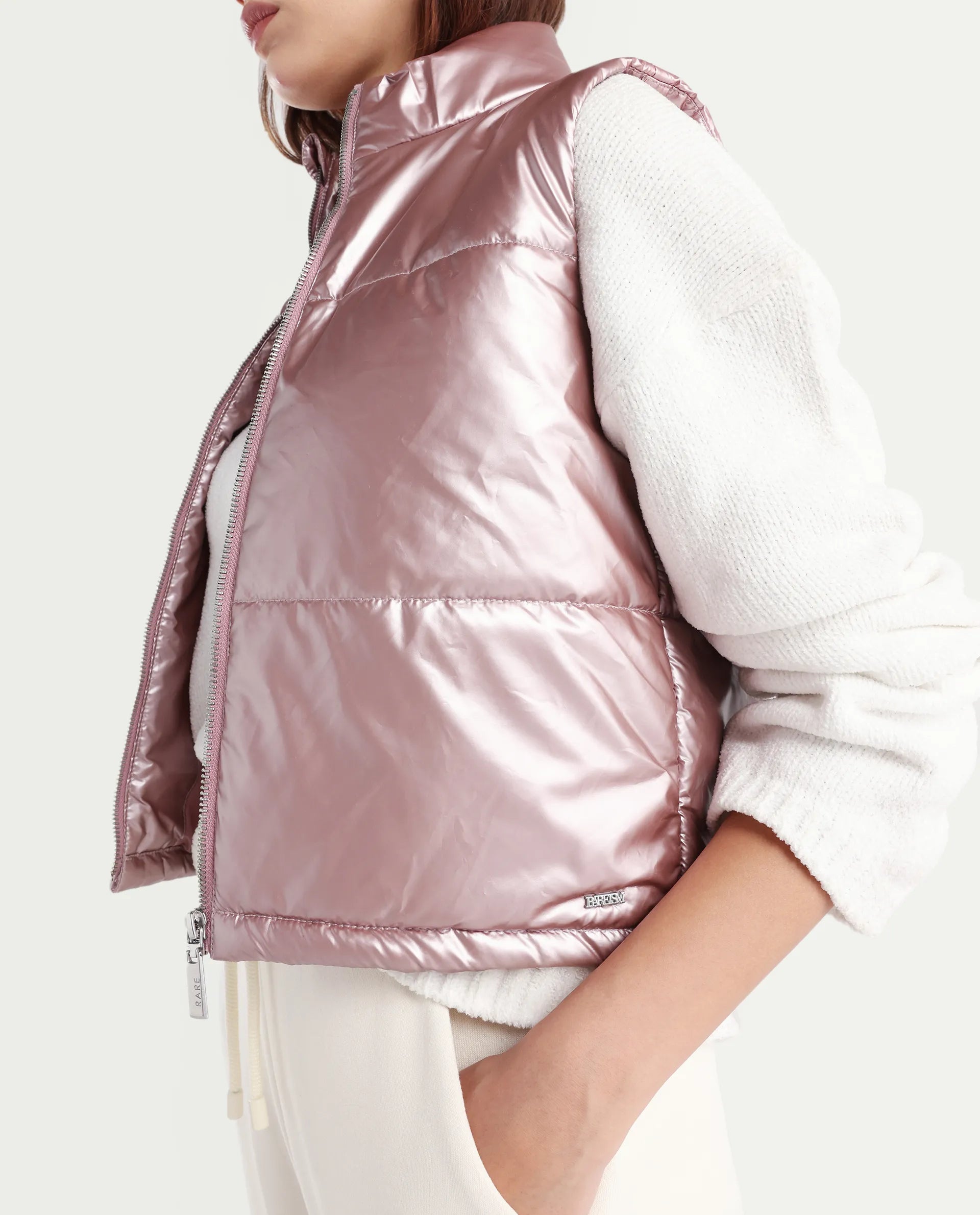 Rareism Women's Mindy Pink Polyester High Neck Plain Sleeveless Regular Fit Jacket