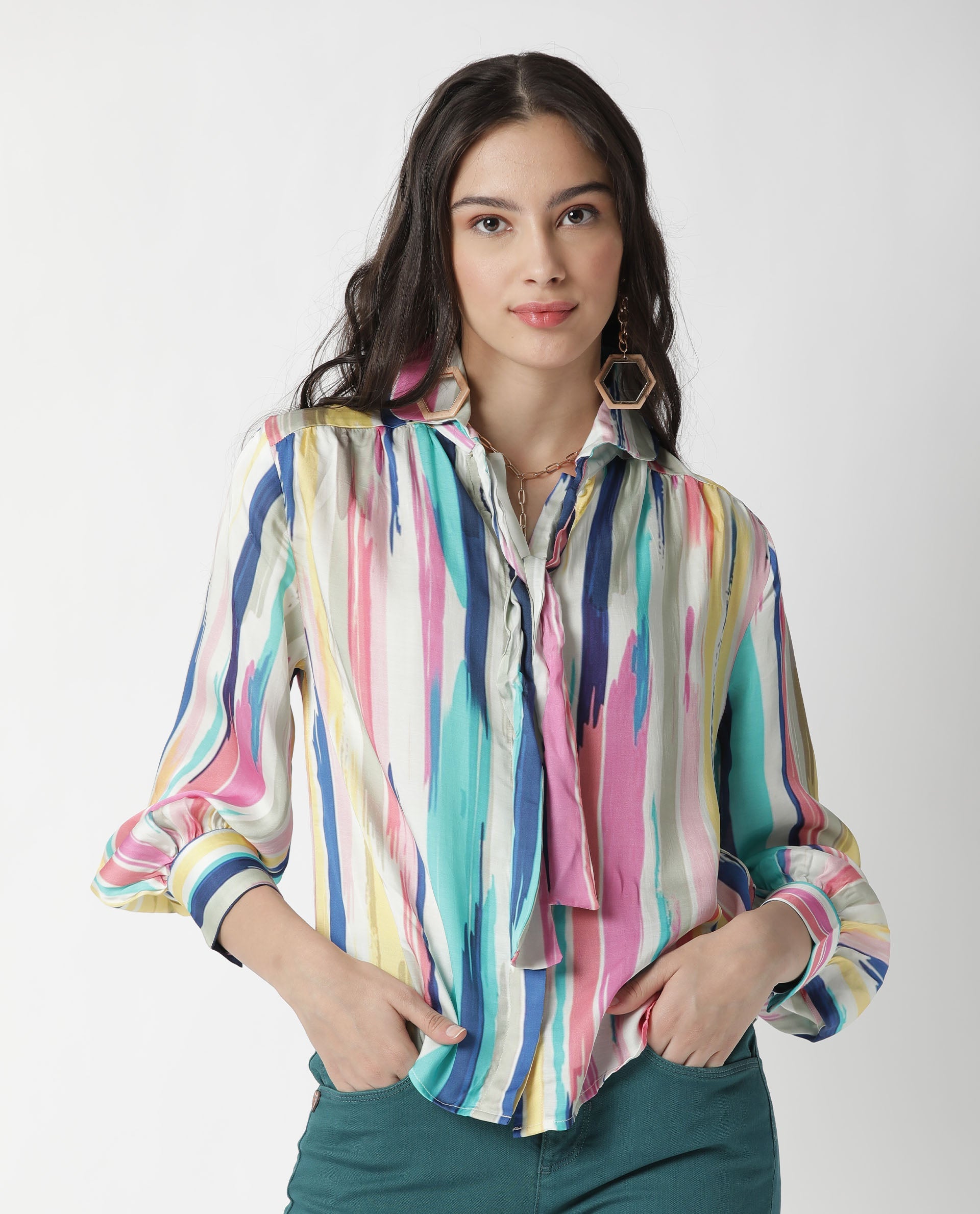 Rareism Womens Mingo Multi Top Modal Satin Fabric Regular Fit Volume Sleeve Tie Up
