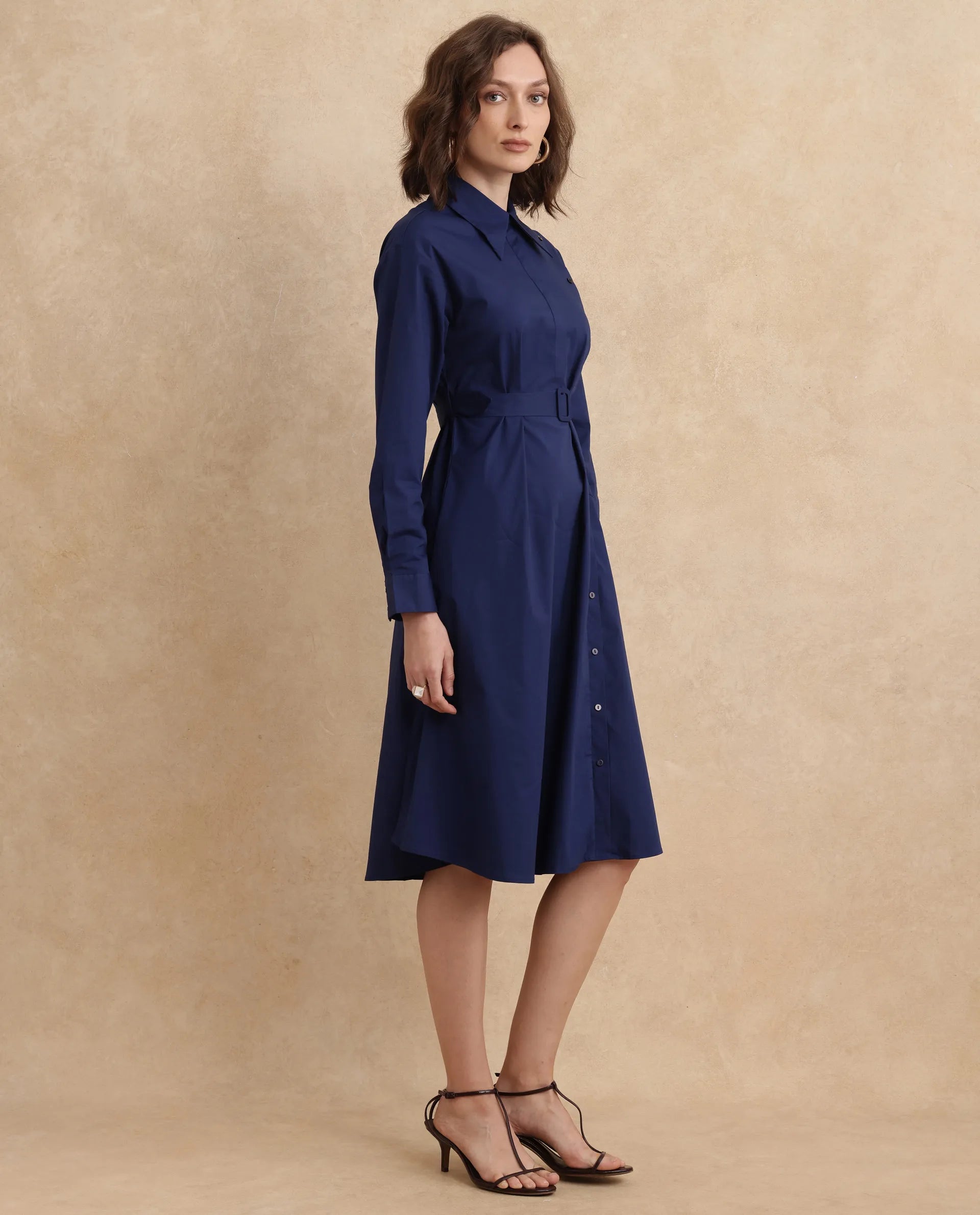 Rareism Women's Minifi Navy Collared Neck Button Closure Cuffed Sleeve Plain Flared Knee Length Dress