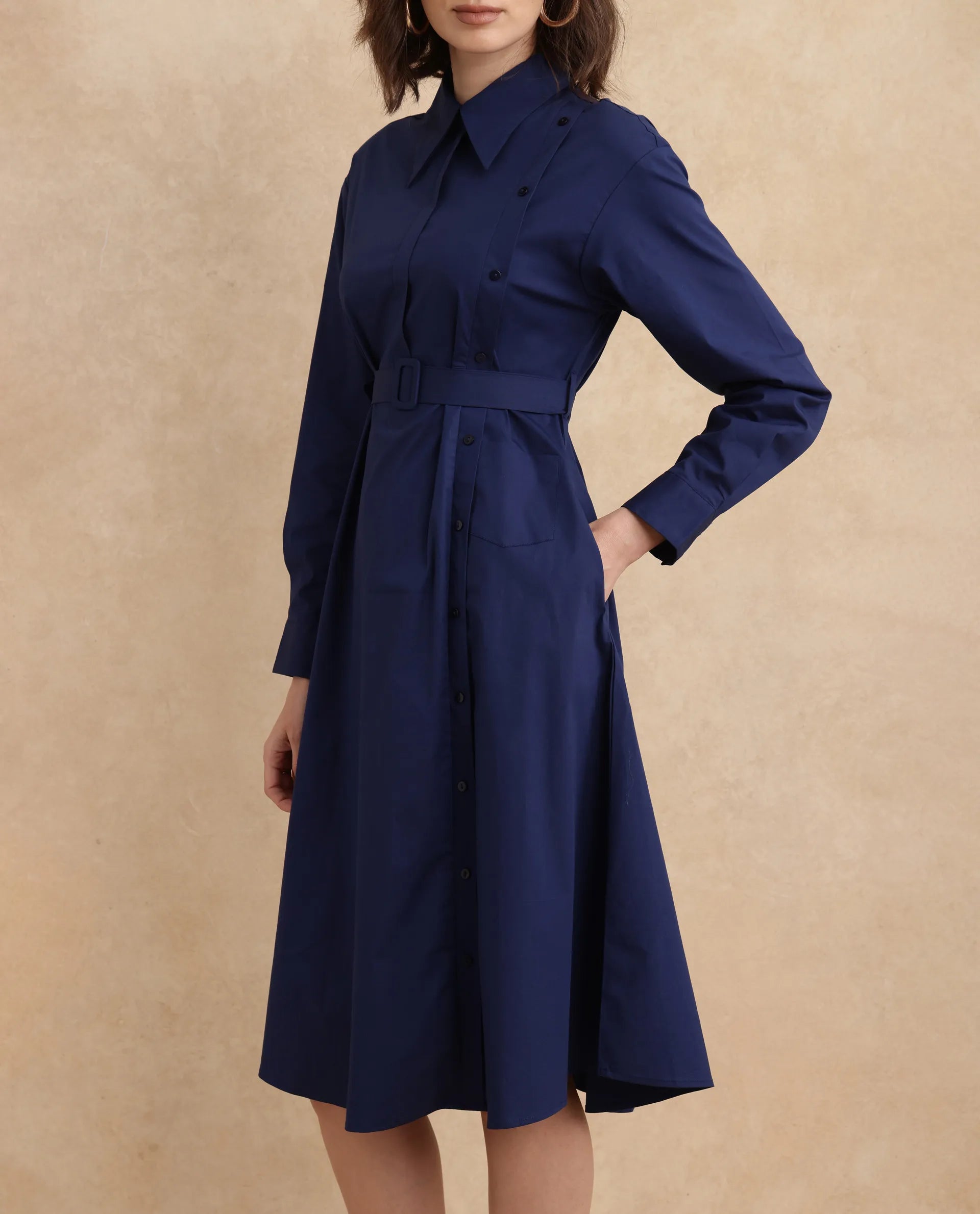 Rareism Women's Minifi Navy Collared Neck Button Closure Cuffed Sleeve Plain Flared Knee Length Dress