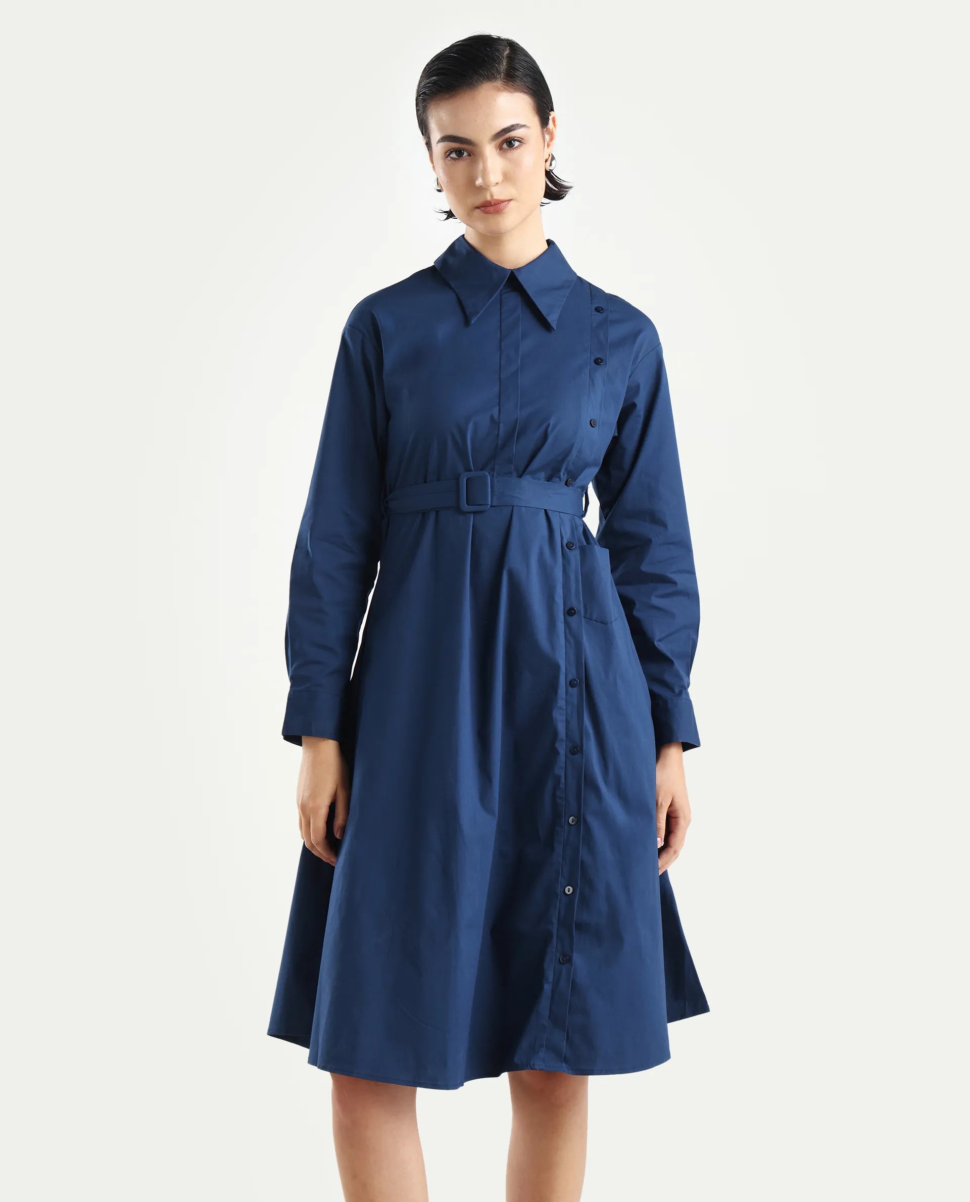 Rareism Women's Minifi Navy Cotton Blend Spread Collar Plain Cuffed Sleeve Knee Length Flared Dress