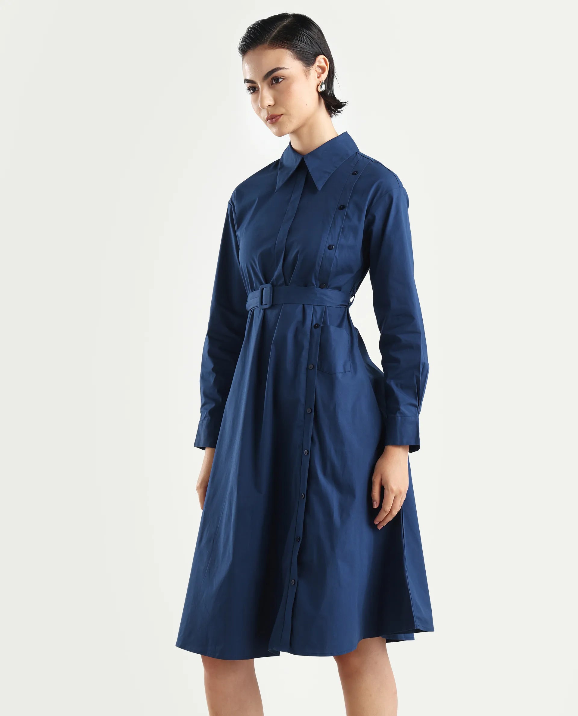 Rareism Women's Minifi Navy Cotton Blend Spread Collar Plain Cuffed Sleeve Knee Length Flared Dress