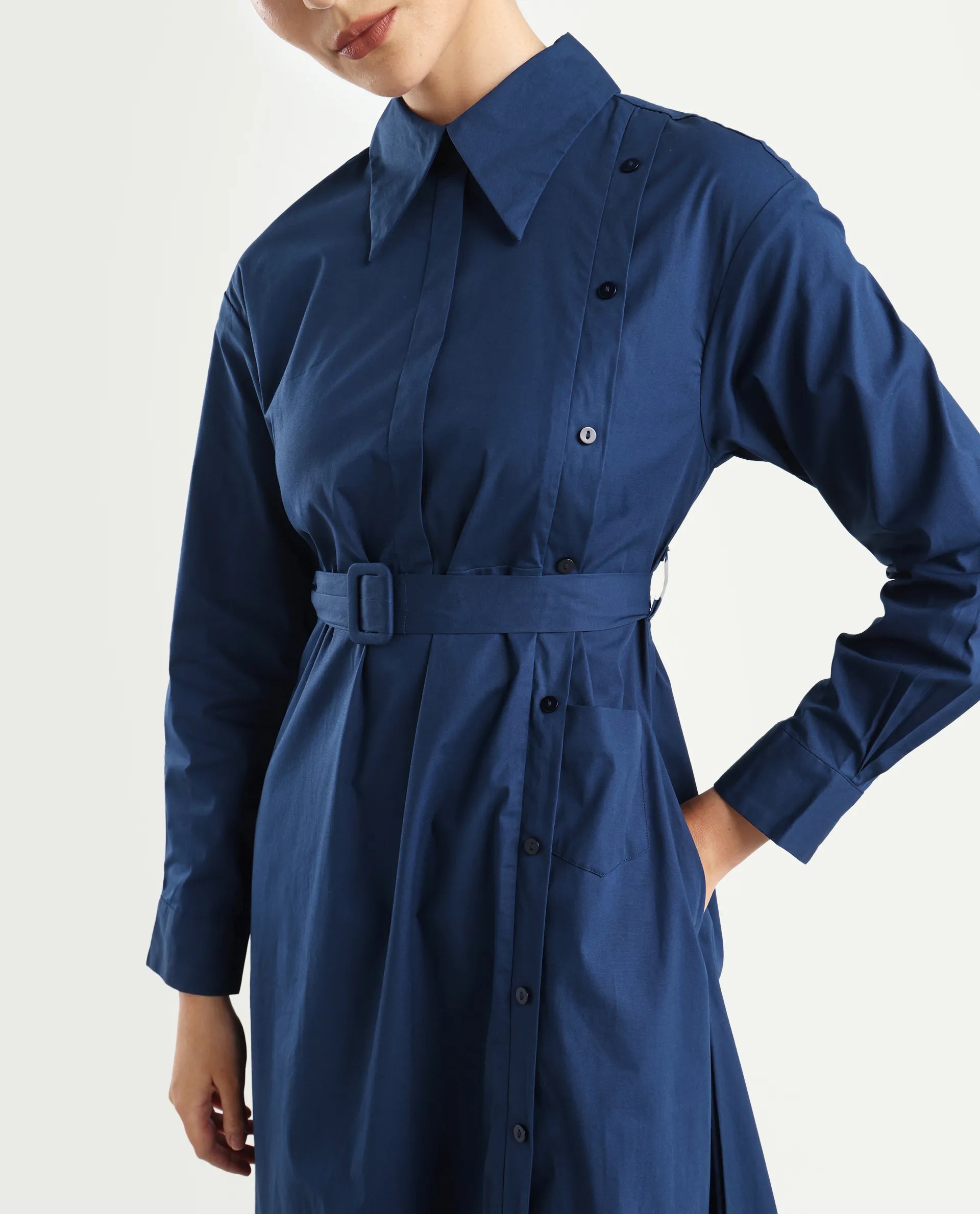 Rareism Women's Minifi Navy Cotton Blend Spread Collar Plain Cuffed Sleeve Knee Length Flared Dress