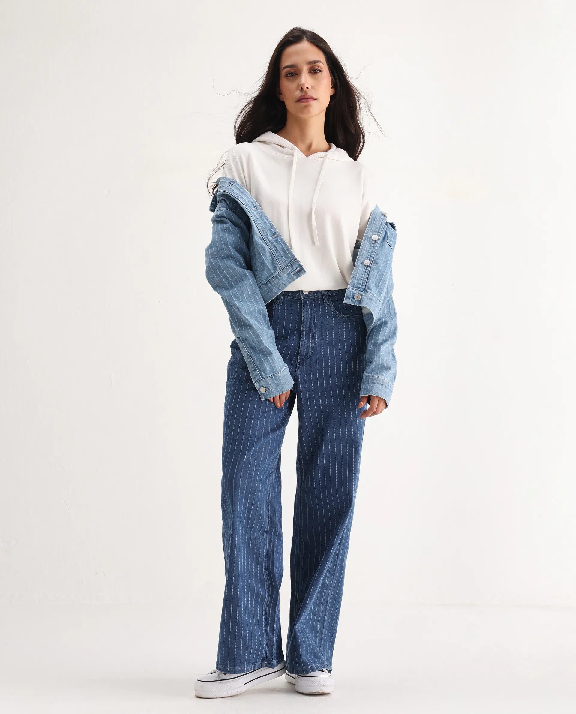 Rareism Women's Minik Blue Cotton Blend Striped Ankle Length Wide Jeans