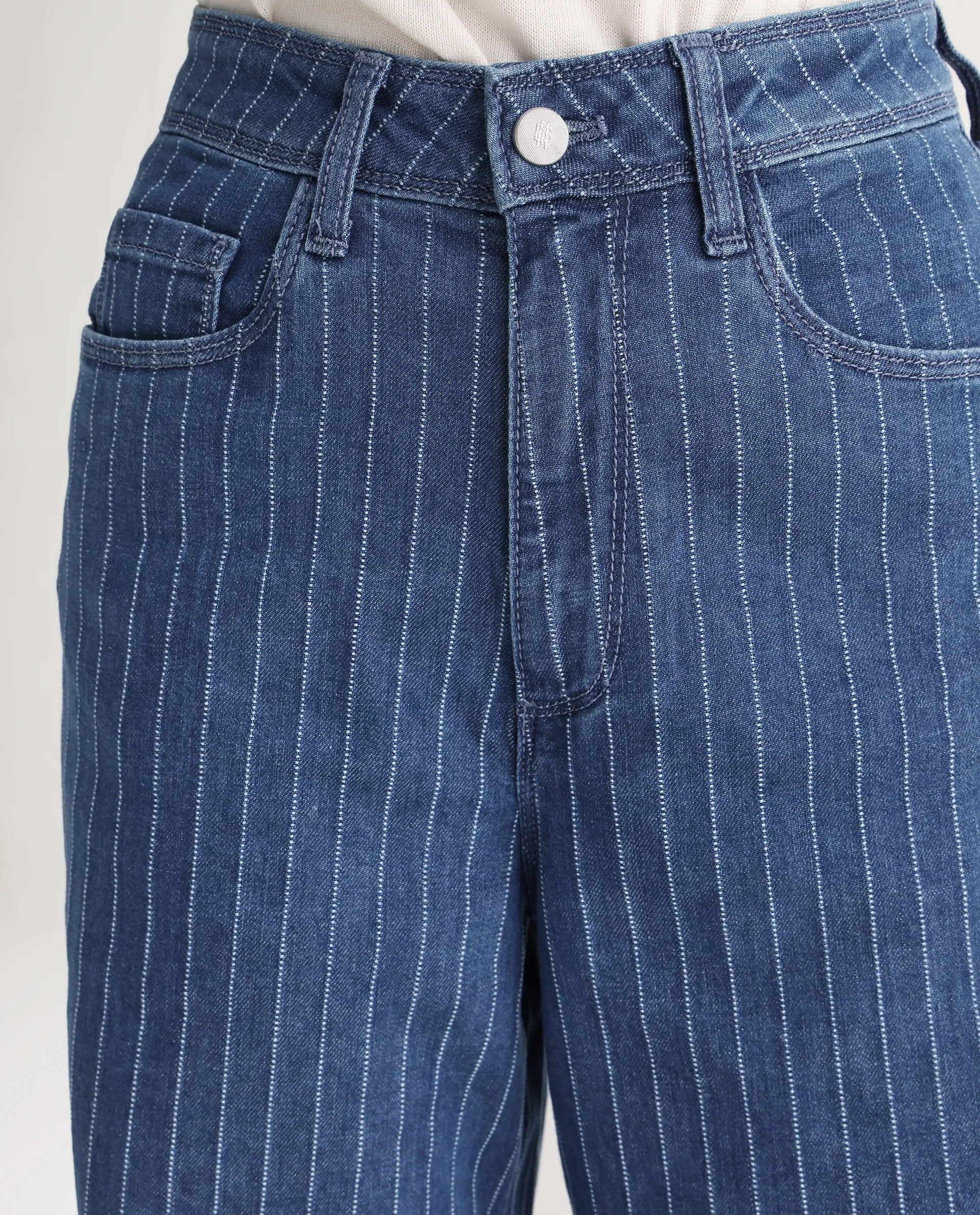 Rareism Women's Minik Blue Cotton Blend Striped Ankle Length Wide Jeans