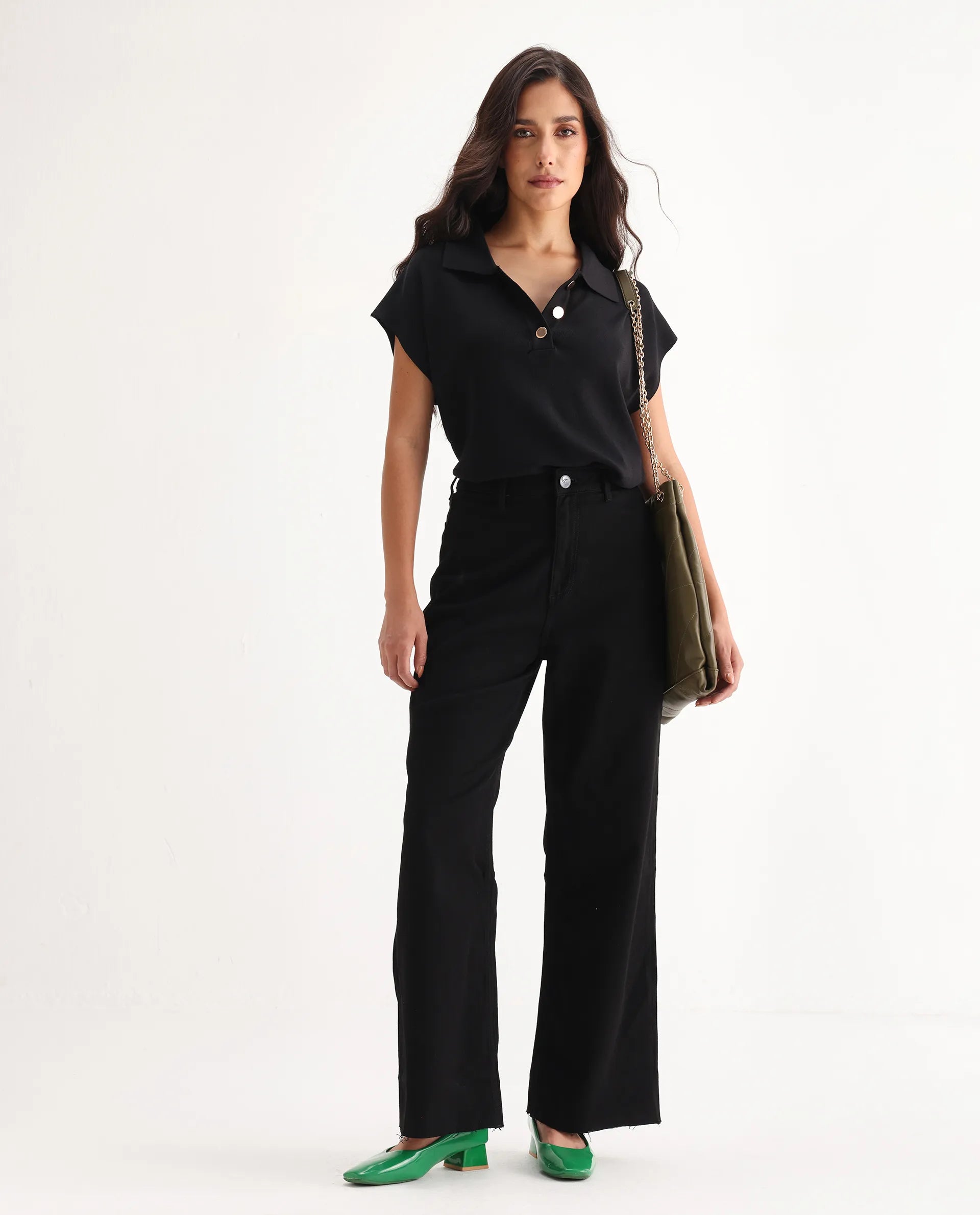 Rareism Women's Miniko Black Cotton Blend Plain Ankle Length Effortless Wide Jeans