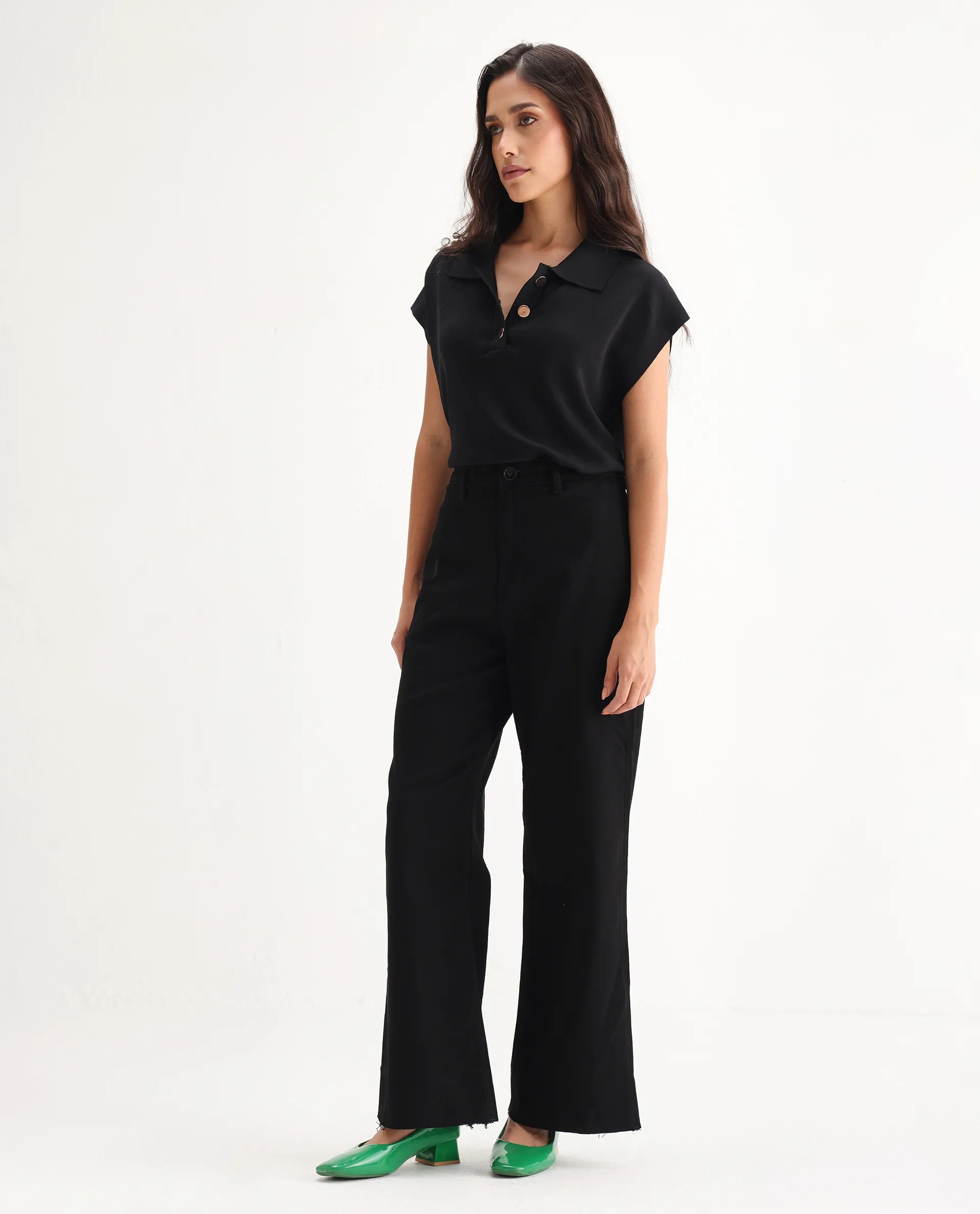 Rareism Women's Miniko Black Cotton Blend Plain Ankle Length Effortless Wide Jeans