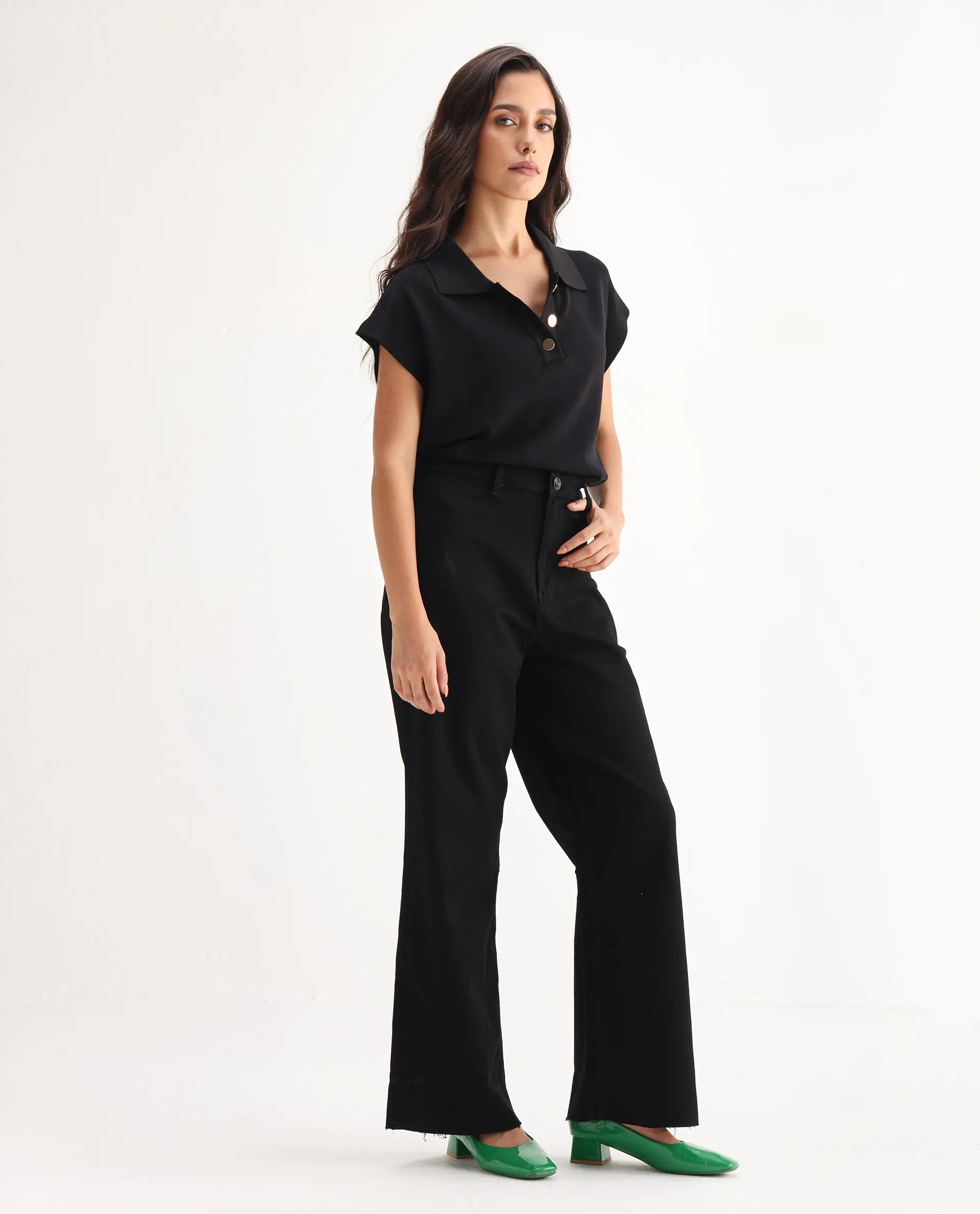 Rareism Women's Miniko Black Cotton Blend Plain Ankle Length Effortless Wide Jeans