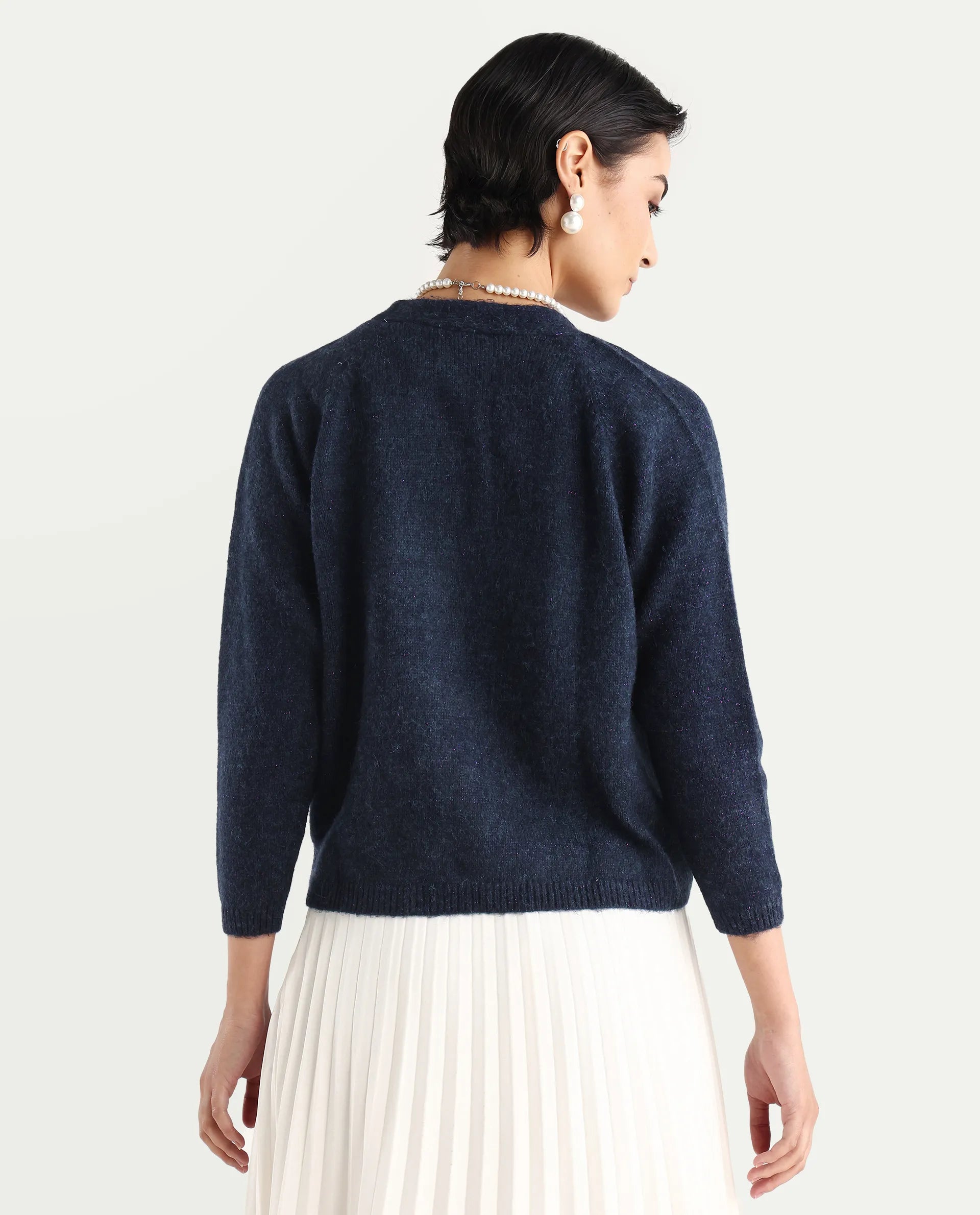 Rareism Women's Minjin Dark Purple Overlap Neck Plain Relaxed Fit Cardigan