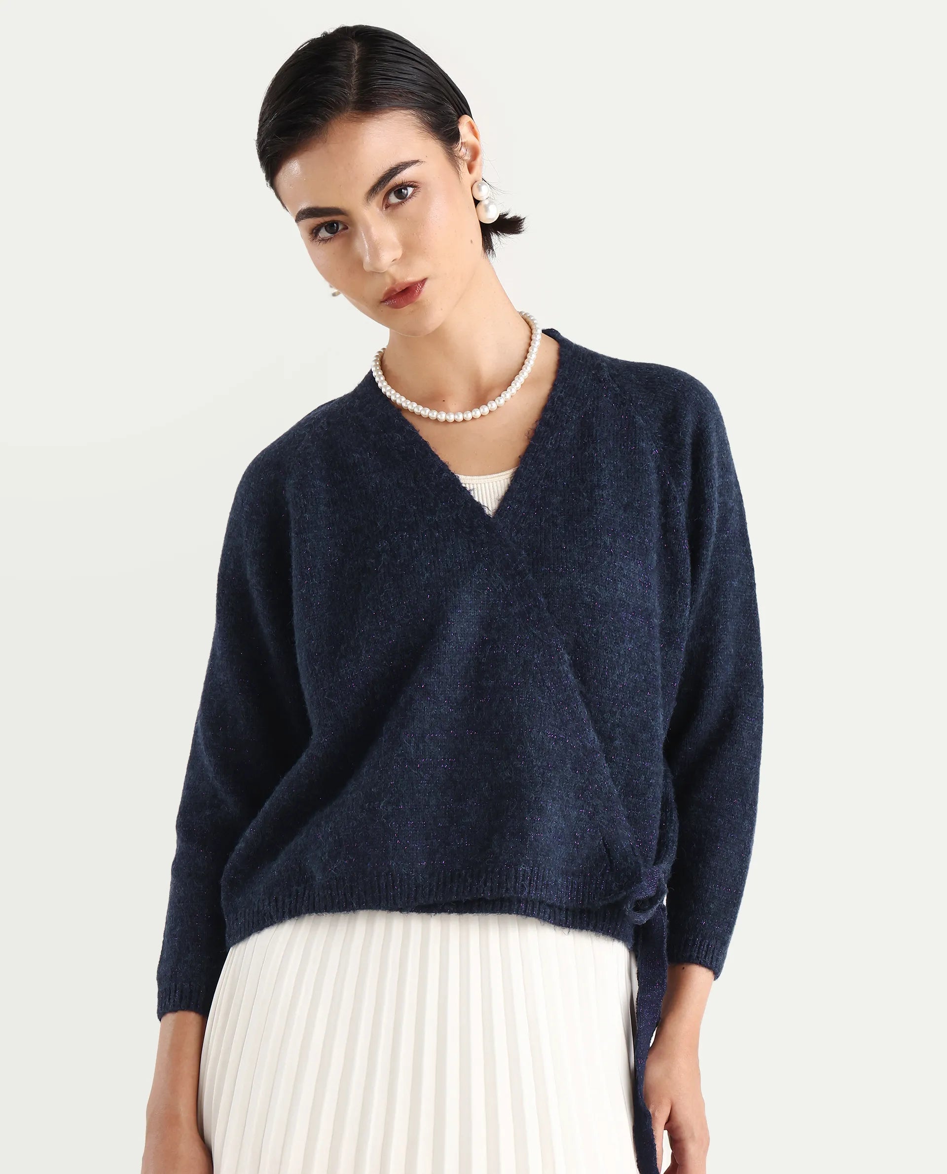 Rareism Women's Minjin Dark Purple Overlap Neck Plain Relaxed Fit Cardigan