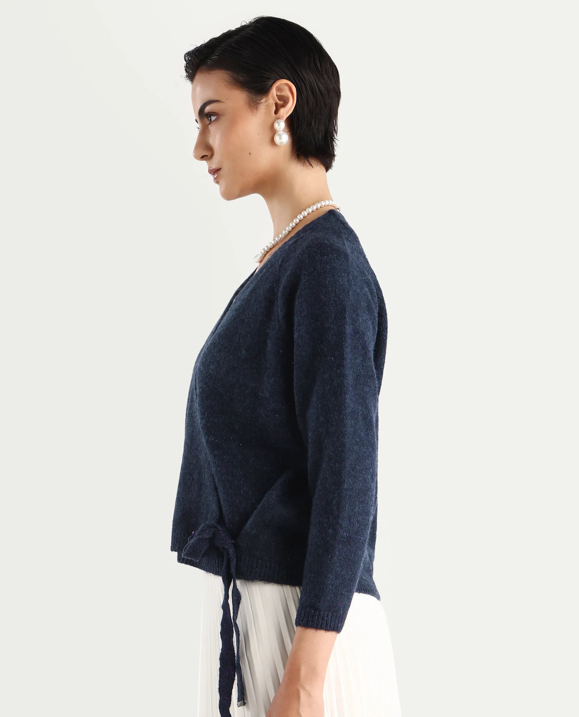 Rareism Women's Minjin Dark Purple Overlap Neck Plain Relaxed Fit Cardigan