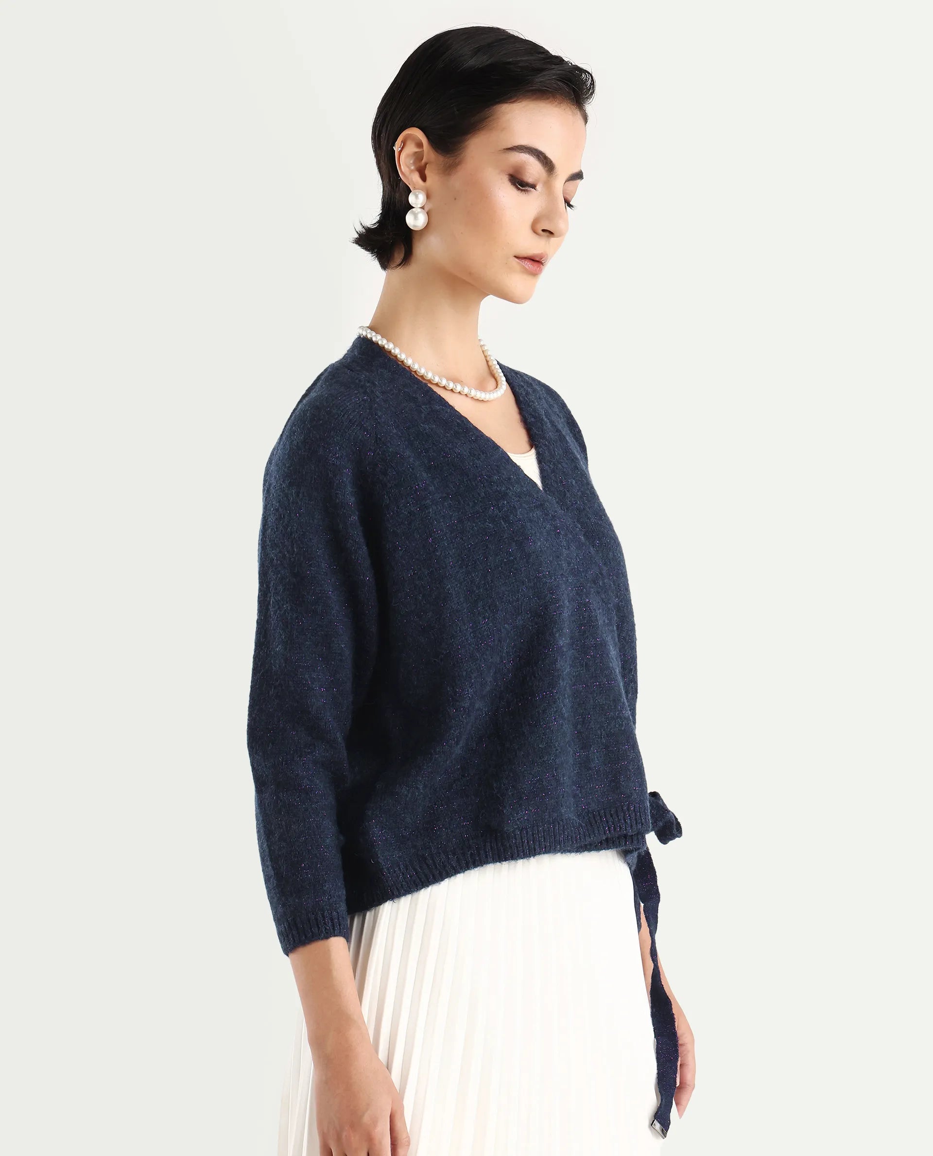 Rareism Women's Minjin Dark Purple Overlap Neck Plain Relaxed Fit Cardigan