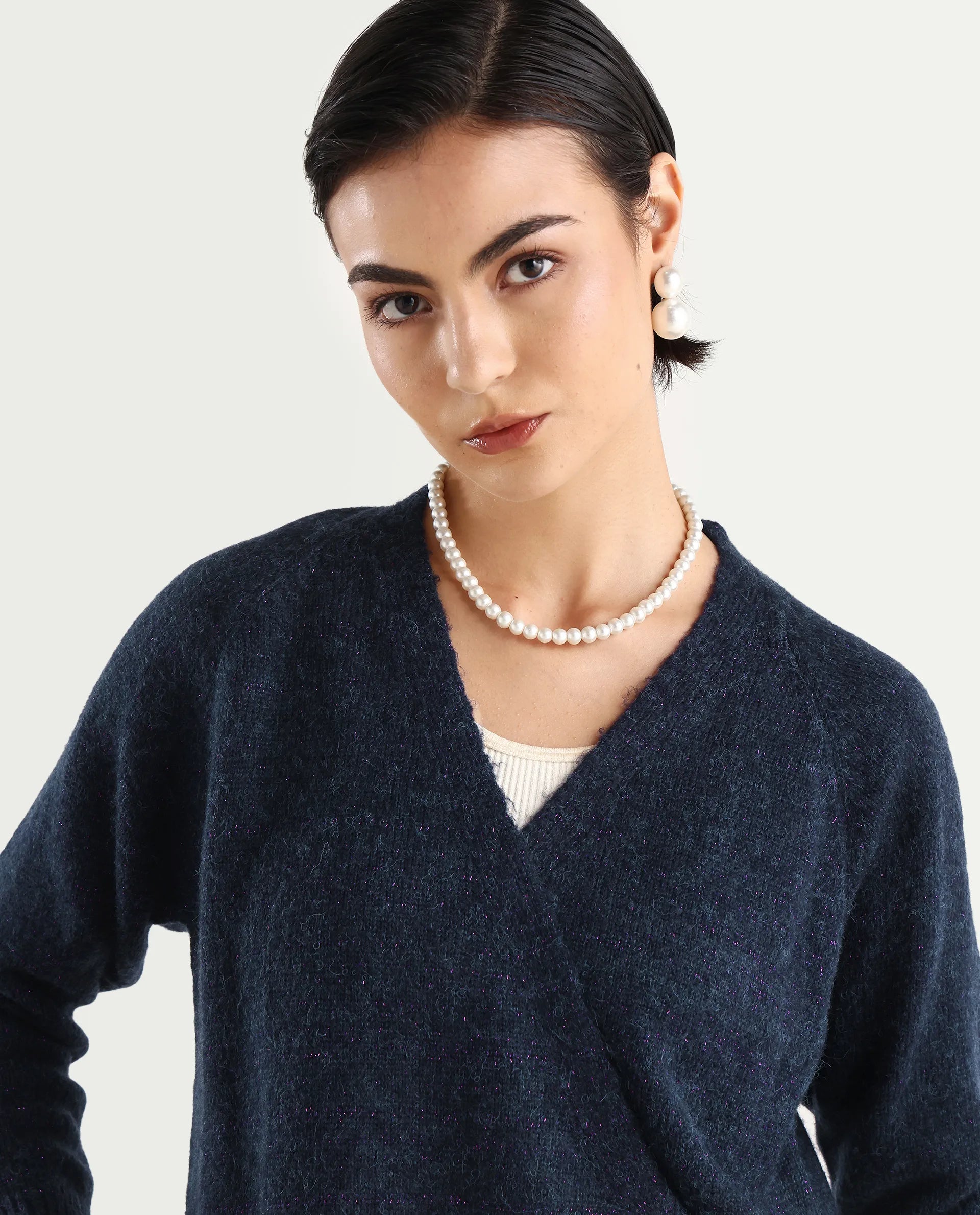 Rareism Women's Minjin Dark Purple Overlap Neck Plain Relaxed Fit Cardigan