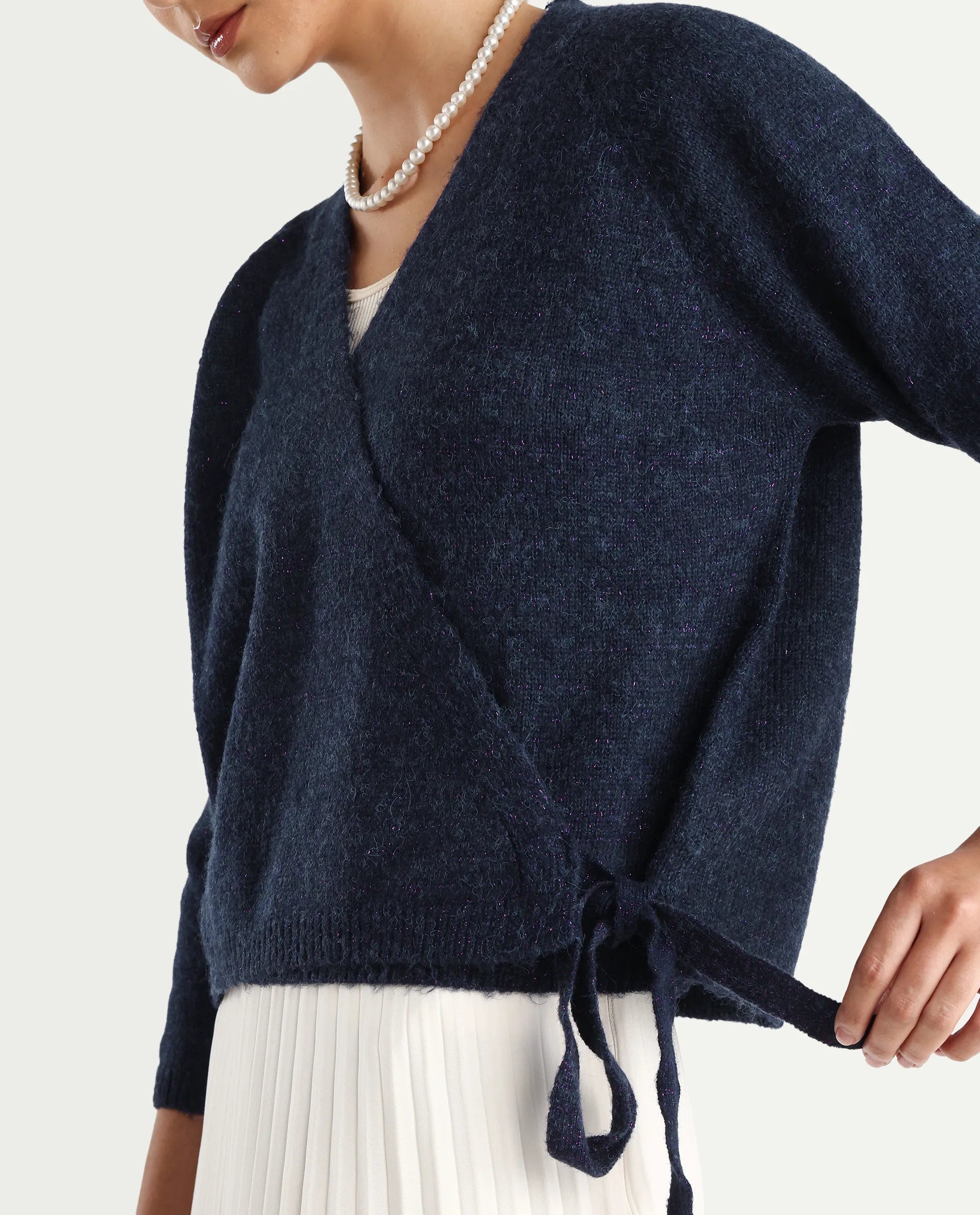 Rareism Women's Minjin Dark Purple Overlap Neck Plain Relaxed Fit Cardigan