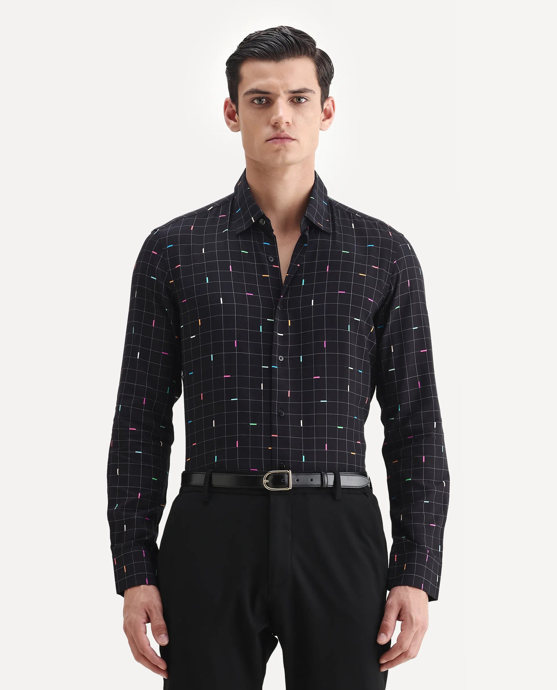 Rare Rabbit Men's Minor Black Viscose Geometric Print Regular Fit Full Sleeve Collared Shirt