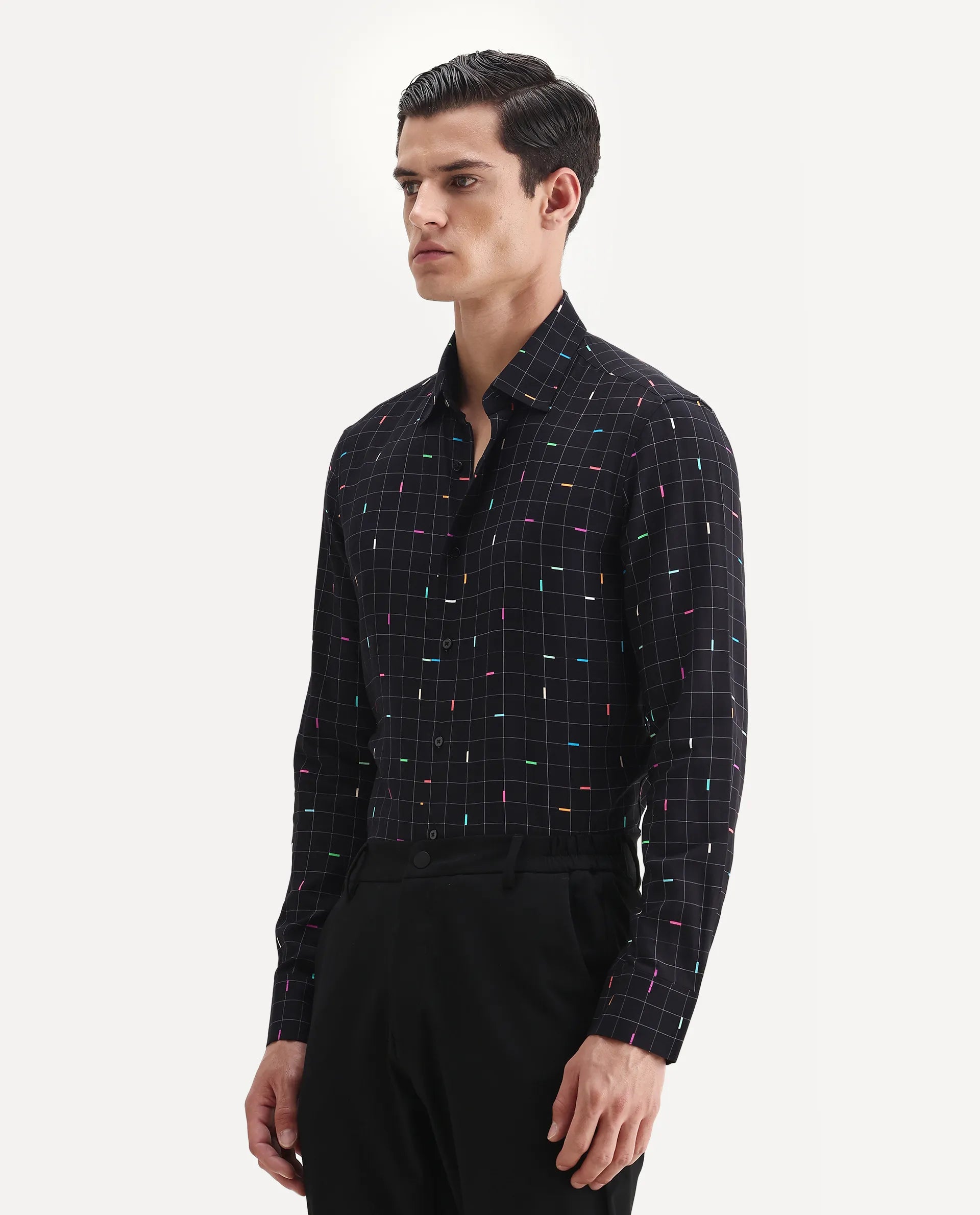 Rare Rabbit Men's Minor Black Viscose Geometric Print Regular Fit Full Sleeve Collared Shirt