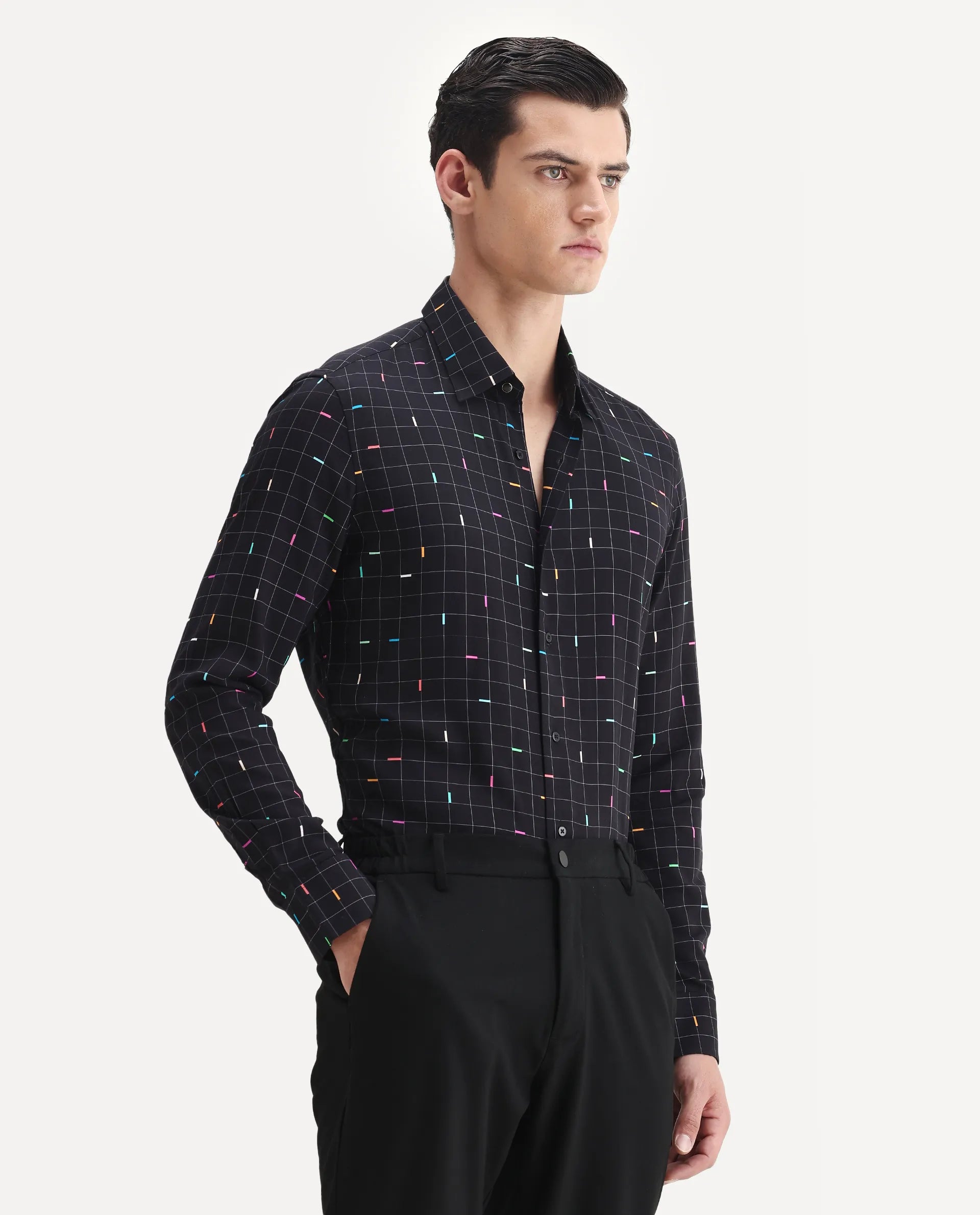 Rare Rabbit Men's Minor Black Viscose Geometric Print Regular Fit Full Sleeve Collared Shirt