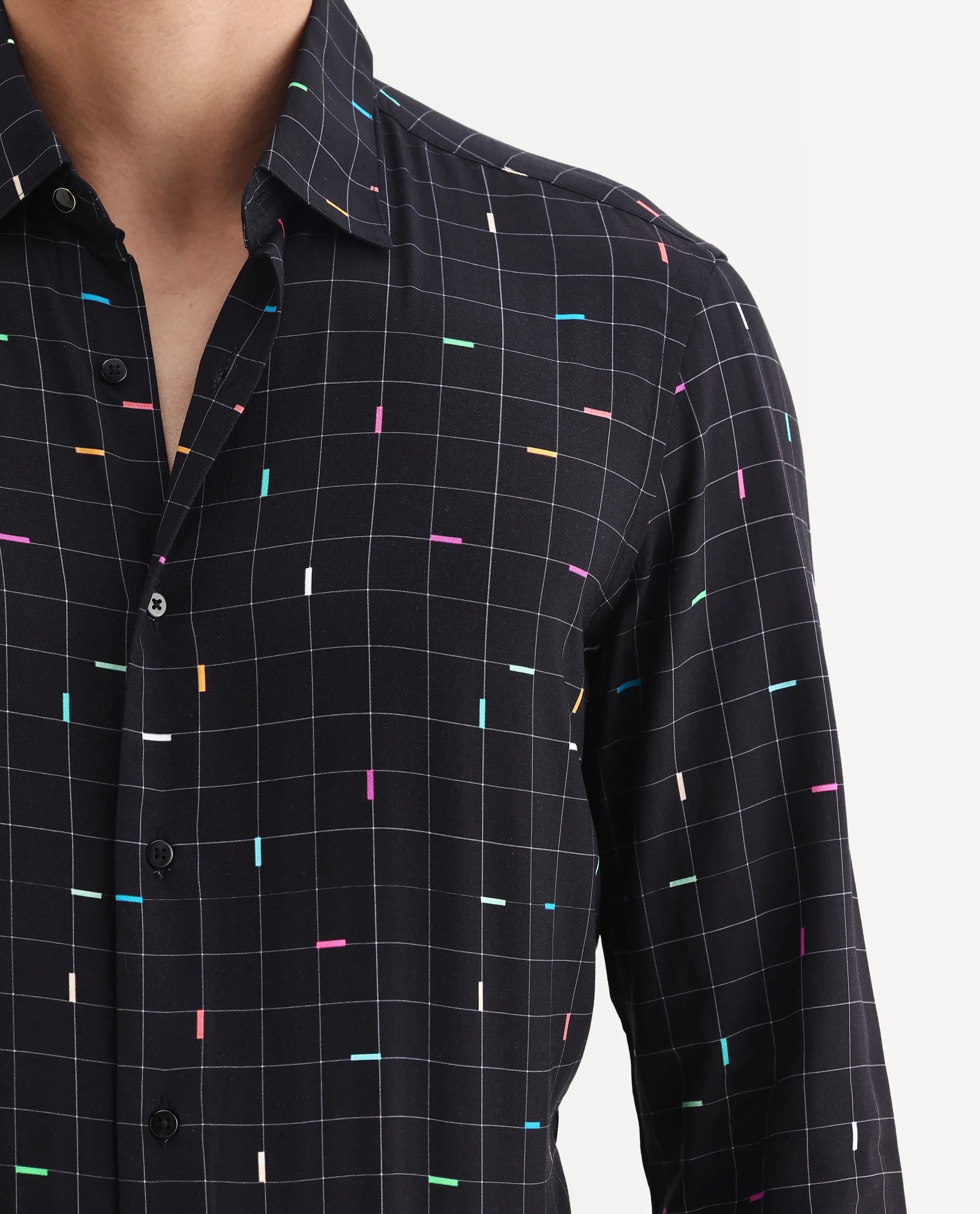 Rare Rabbit Men's Minor Black Viscose Geometric Print Regular Fit Full Sleeve Collared Shirt