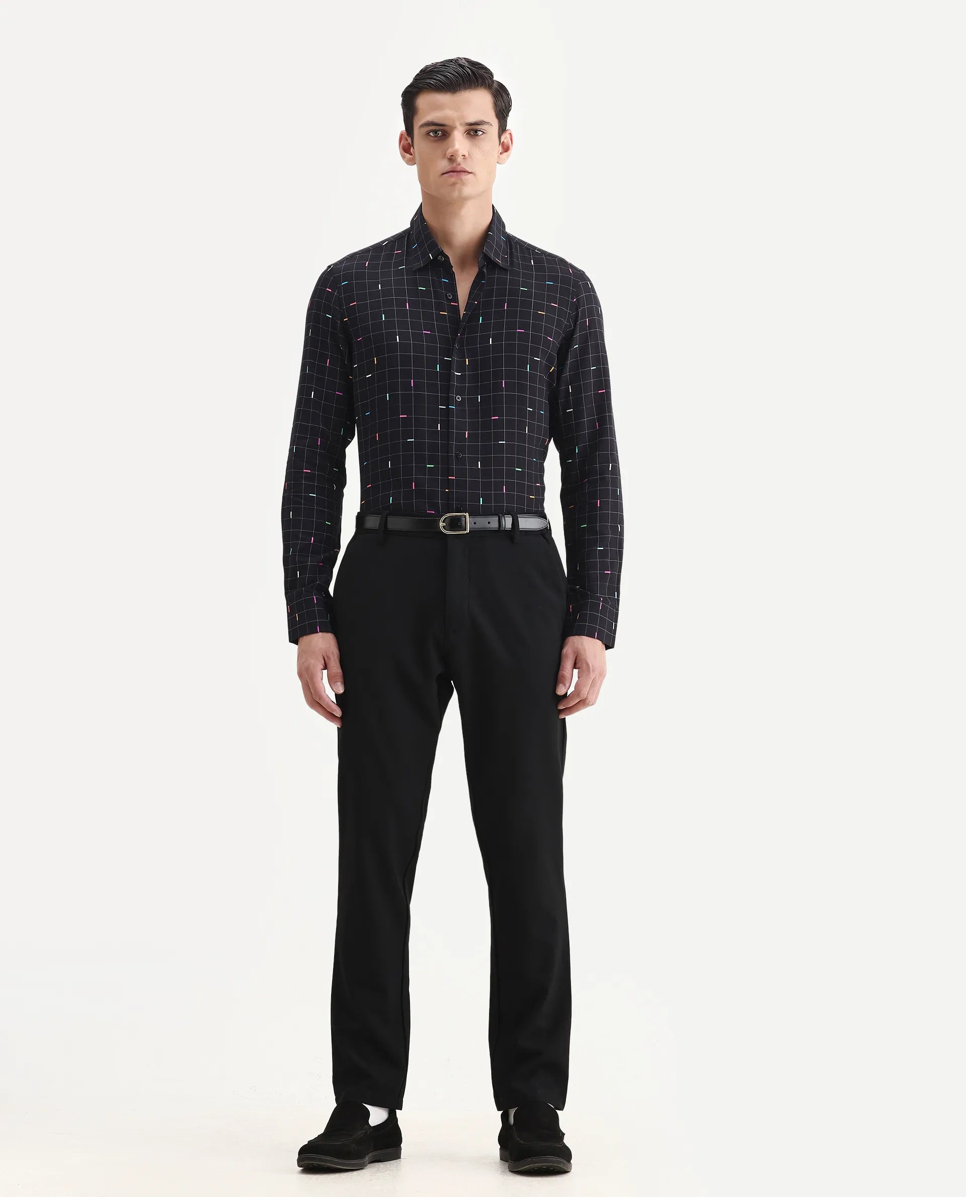 Rare Rabbit Men's Minor Black Viscose Geometric Print Regular Fit Full Sleeve Collared Shirt