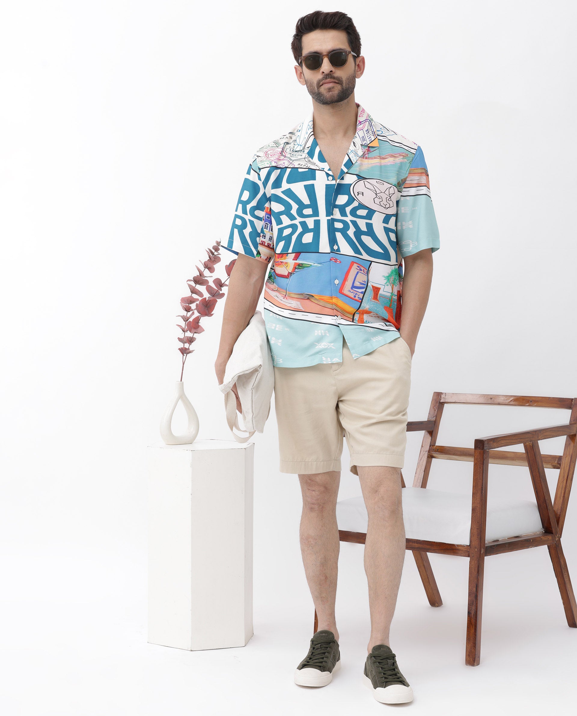 Rare Rabbit Men's Minos Light Blue Viscose Fabric Half Sleeves Cuban Collar Boxy Fit Abstract Print Shirt