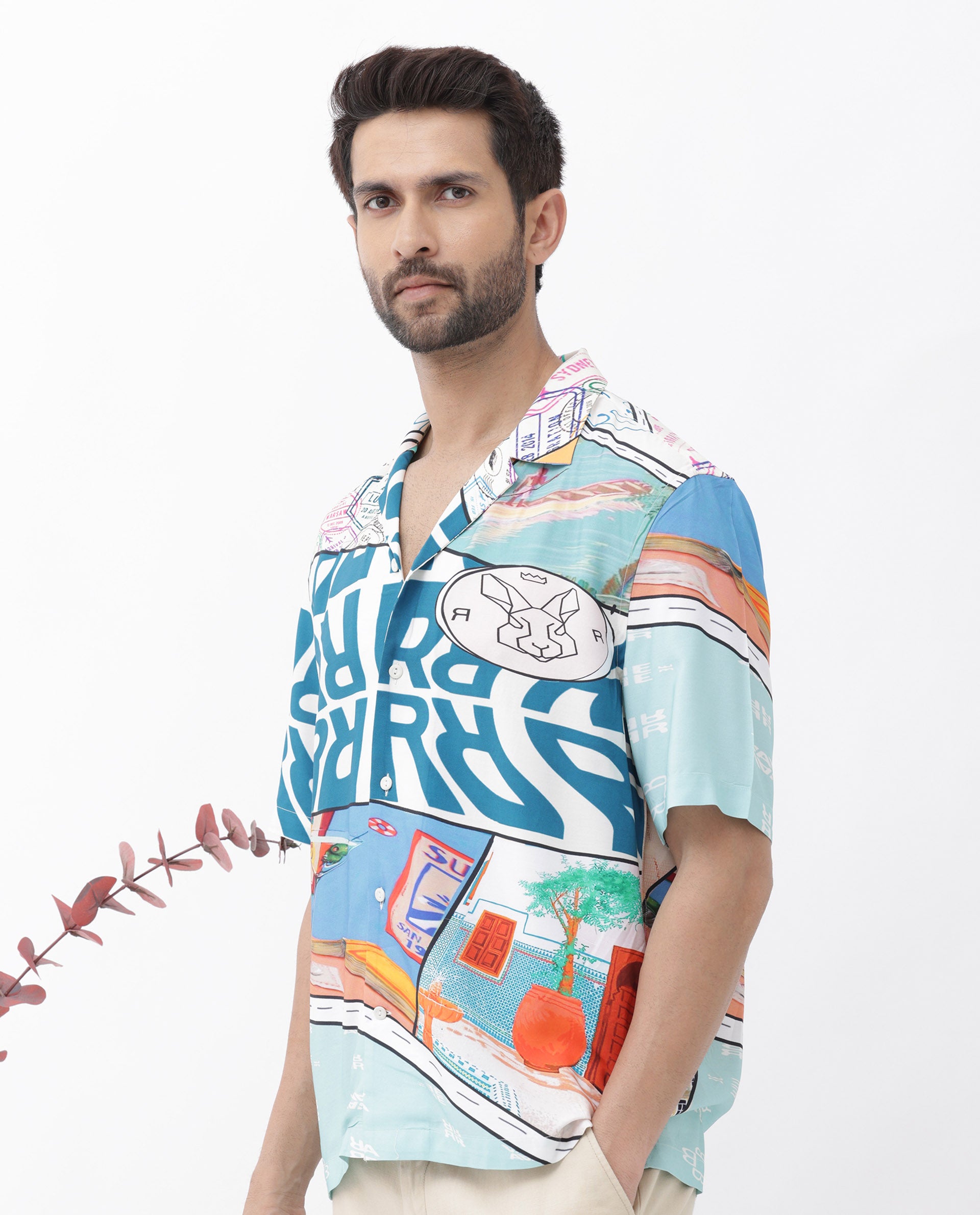 Rare Rabbit Men's Minos Light Blue Viscose Fabric Half Sleeves Cuban Collar Boxy Fit Abstract Print Shirt
