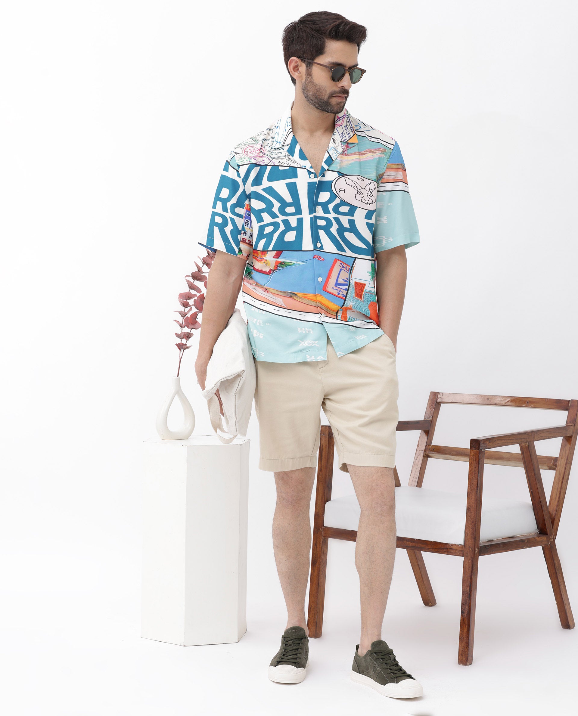 Rare Rabbit Men's Minos Light Blue Viscose Fabric Half Sleeves Cuban Collar Boxy Fit Abstract Print Shirt