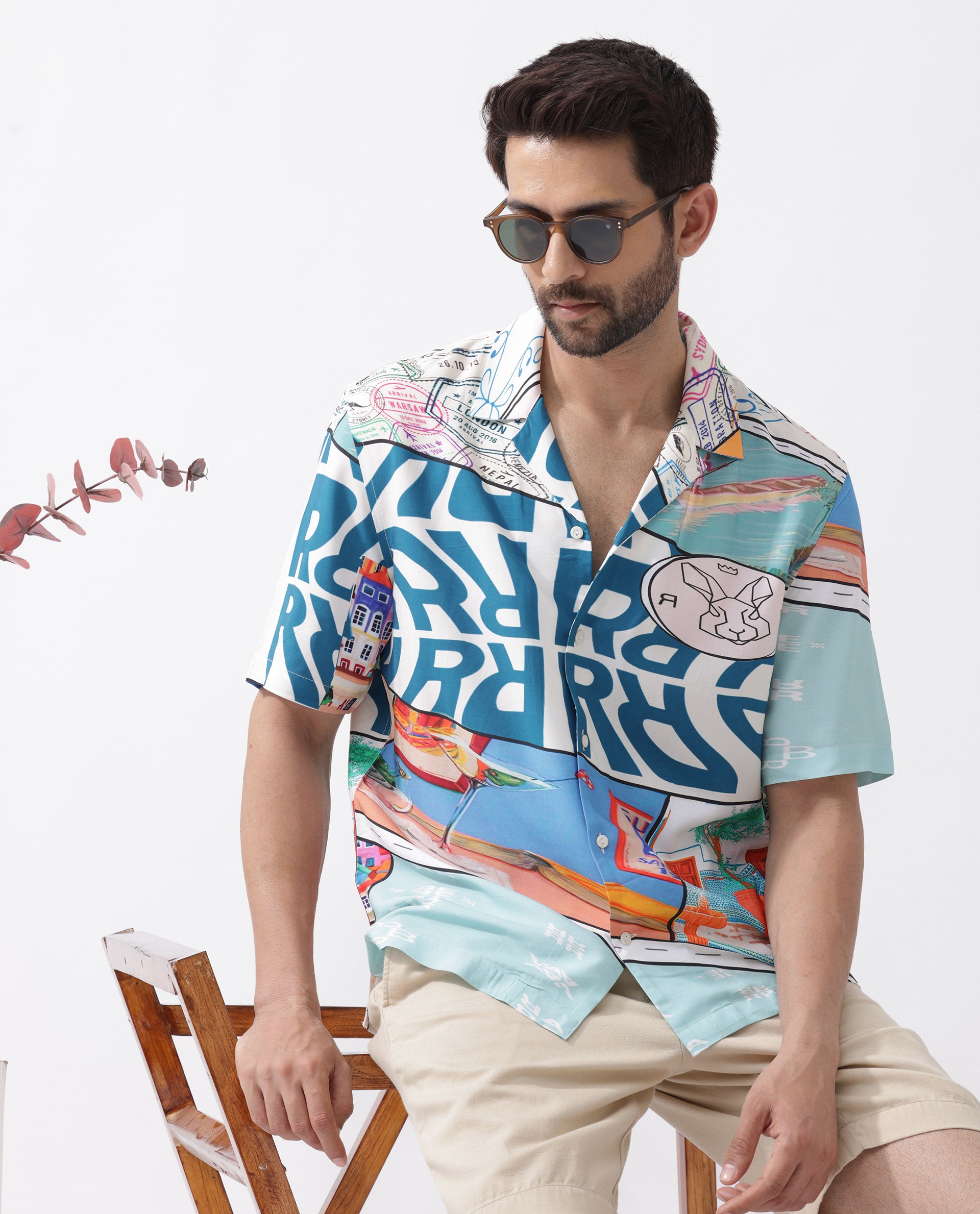 Rare Rabbit Men's Minos Light Blue Viscose Fabric Half Sleeves Cuban Collar Boxy Fit Abstract Print Shirt