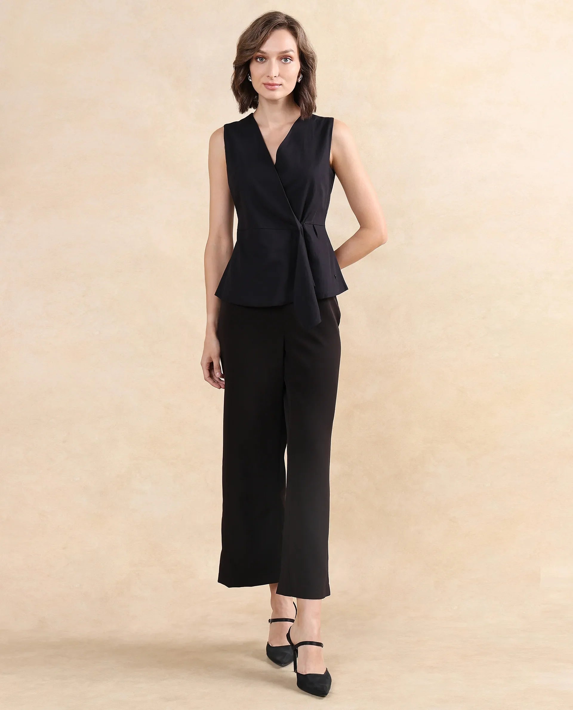 Rareism Women Minato-SC Black Sleeveless Over Lap Neck Plain Top