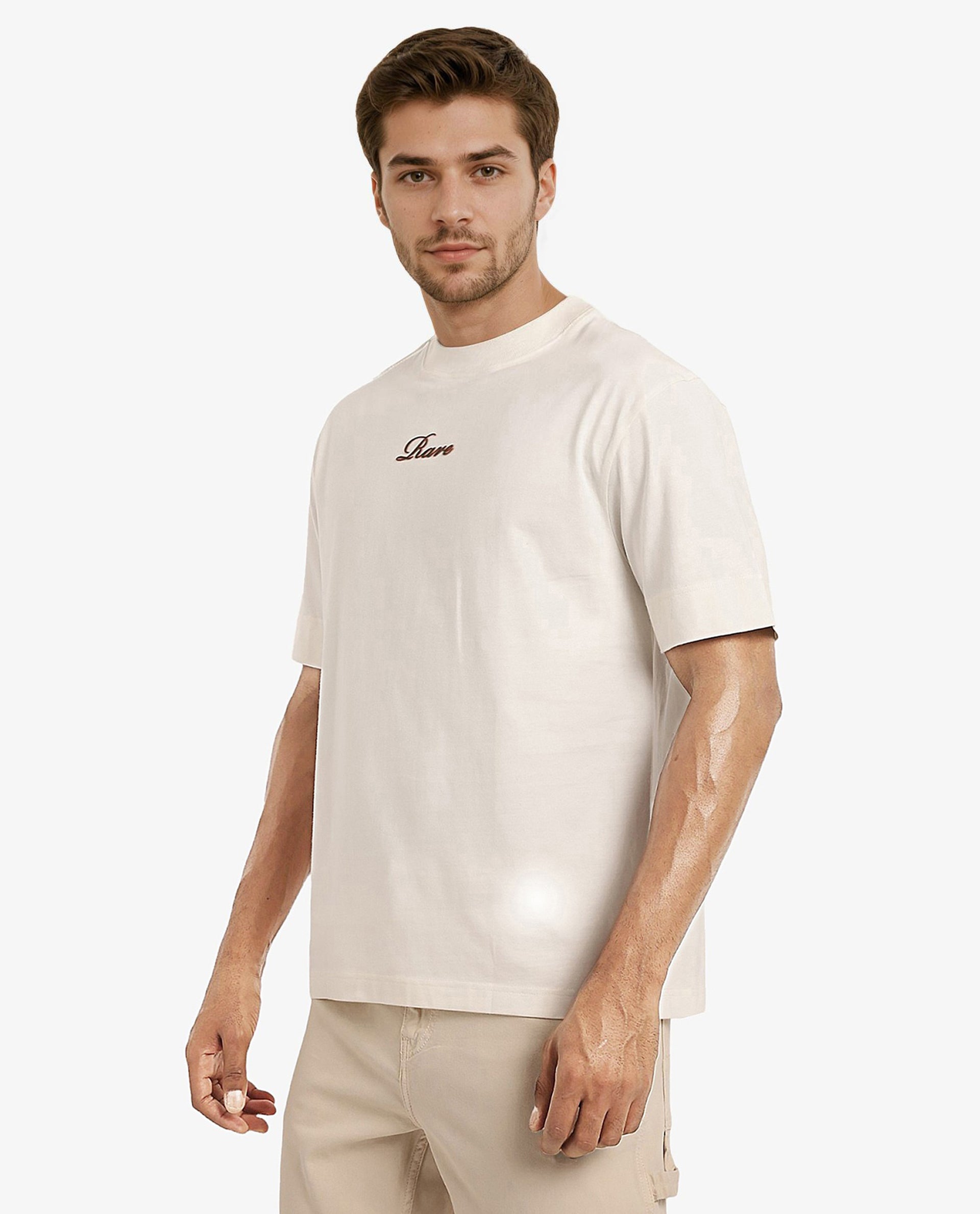 Rare Rabbit Men Mint Off White Cotton Fabric Short Sleeve Crew Neck Oversized Fit Graphic Print T-Shirt