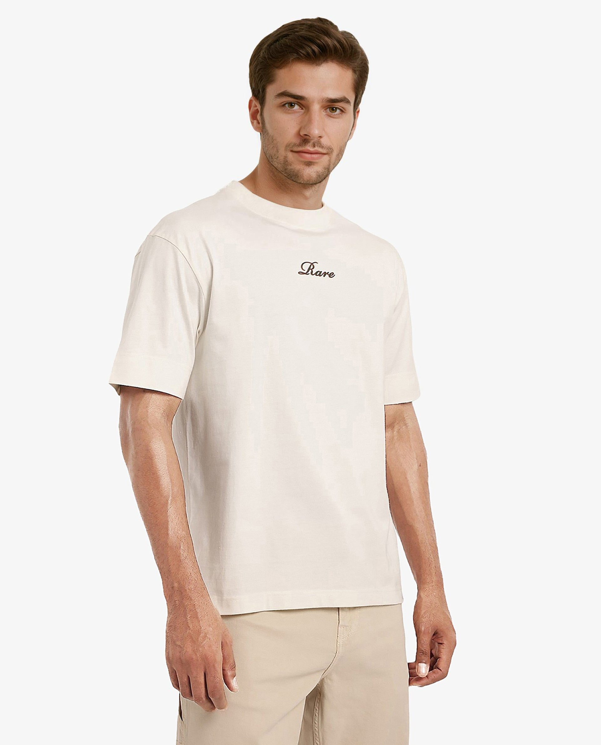 Rare Rabbit Men Mint Off White Cotton Fabric Short Sleeve Crew Neck Oversized Fit Graphic Print T-Shirt