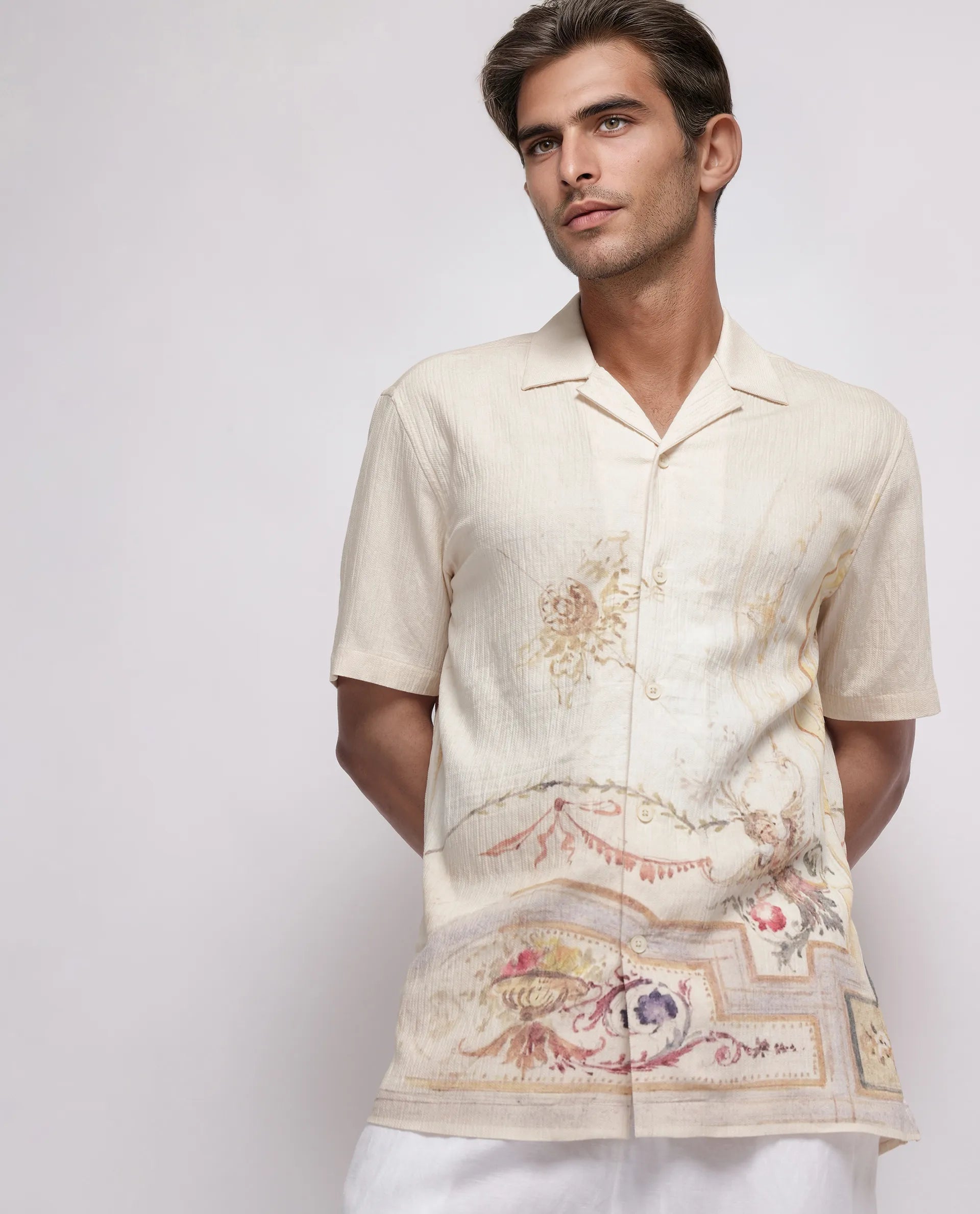 Rare Rabbit Men's Mio Beige Viscose Blend Placement Print Boxy Fit Half Sleeve Cuban Collar Shirt