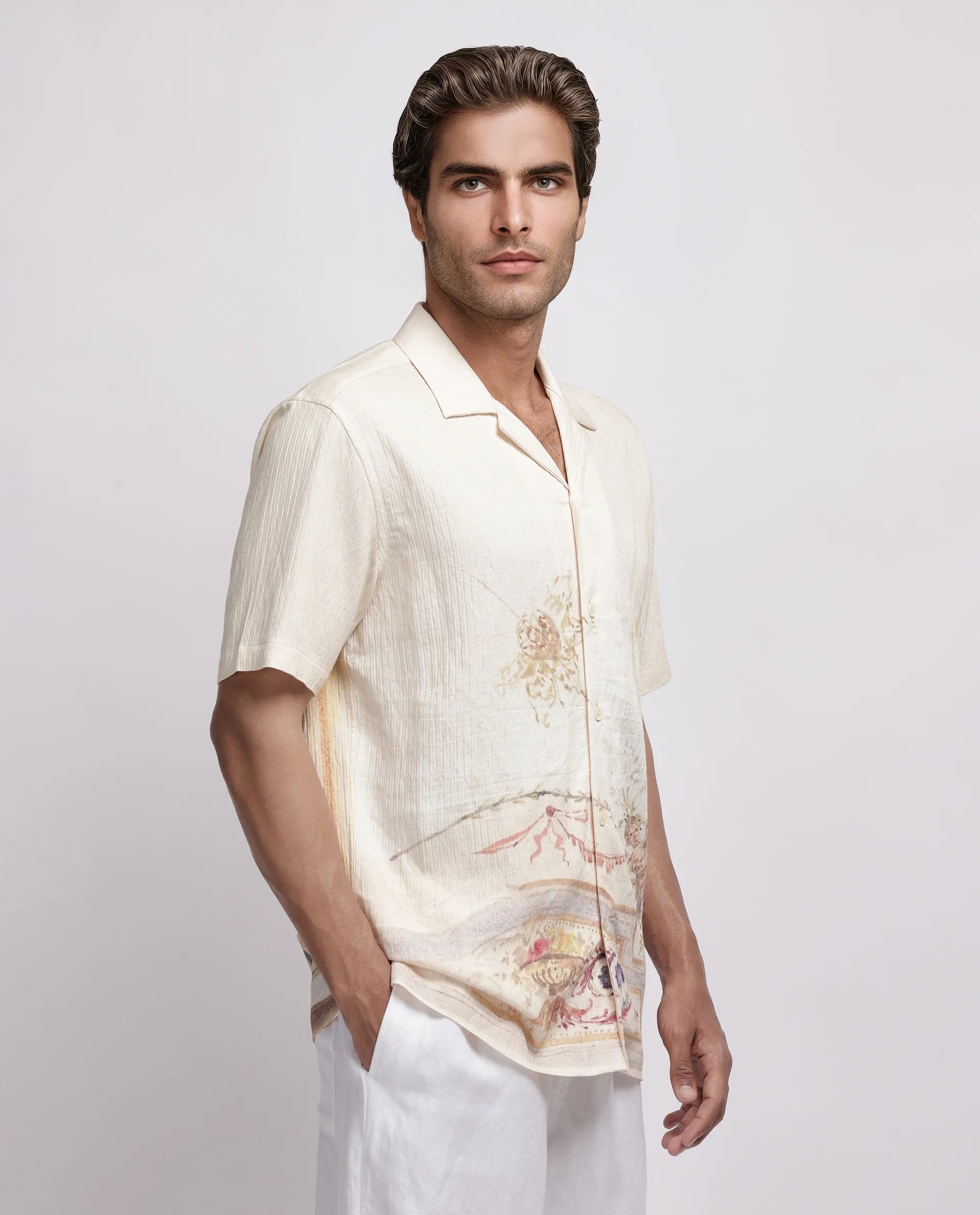 Rare Rabbit Men's Mio Beige Viscose Blend Placement Print Boxy Fit Half Sleeve Cuban Collar Shirt