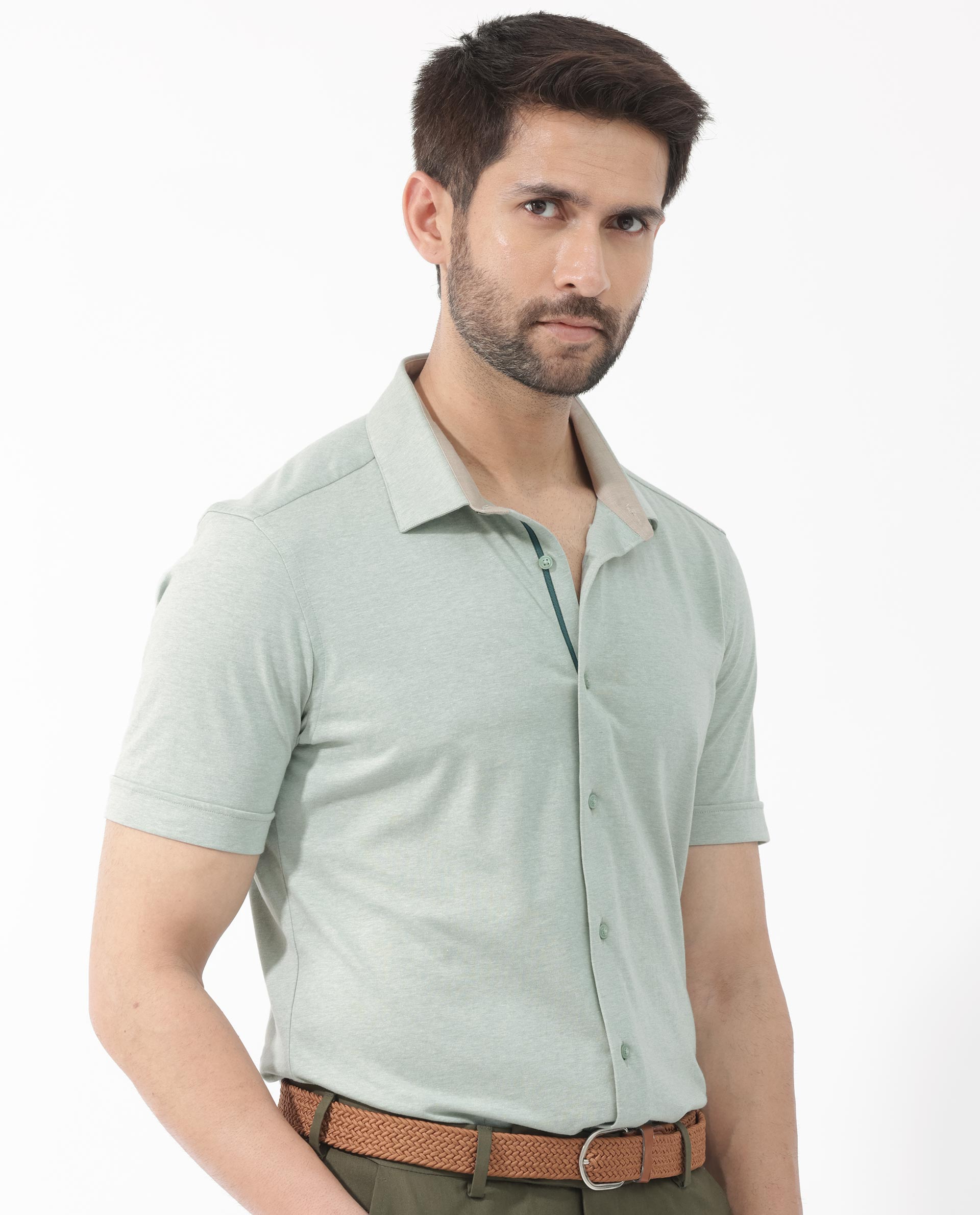 Rare Rabbit Men's Miraje Pastel Green Cotton Fabric Half Sleeves Solid Melange Shirt