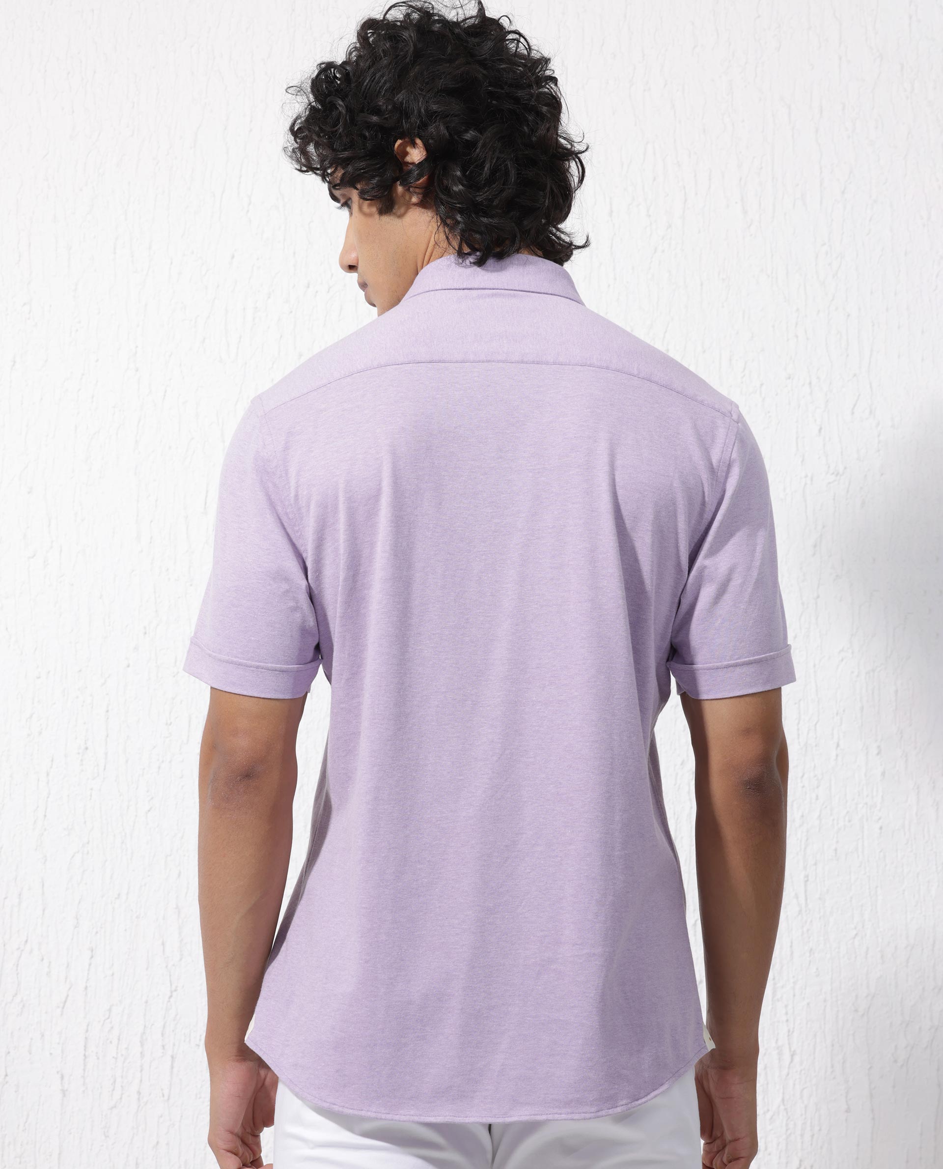 Rare Rabbit Men's Miraje Pastel Purple Cotton Fabric Half Sleeves Solid Melange Shirt