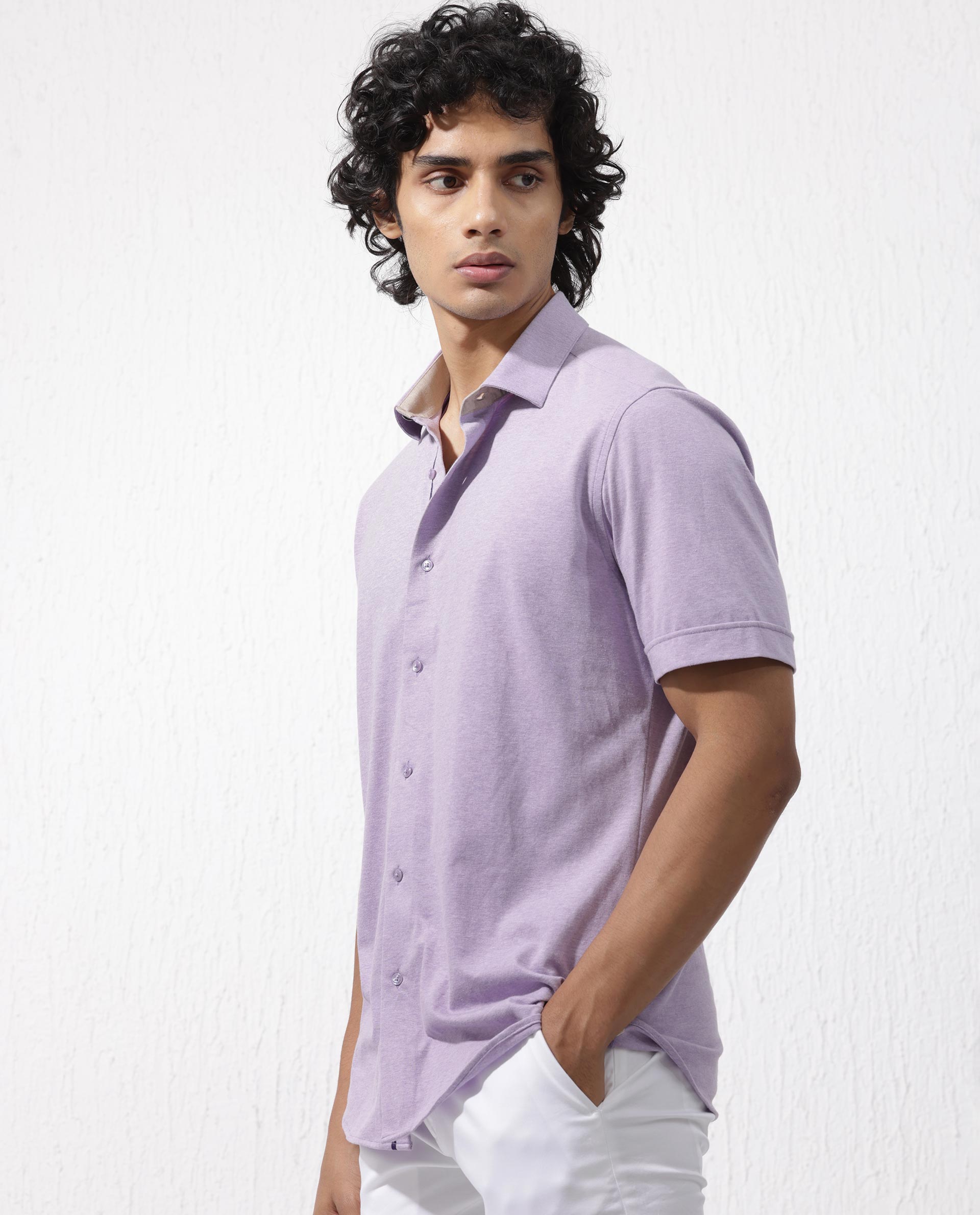 Rare Rabbit Men's Miraje Pastel Purple Cotton Fabric Half Sleeves Solid Melange Shirt
